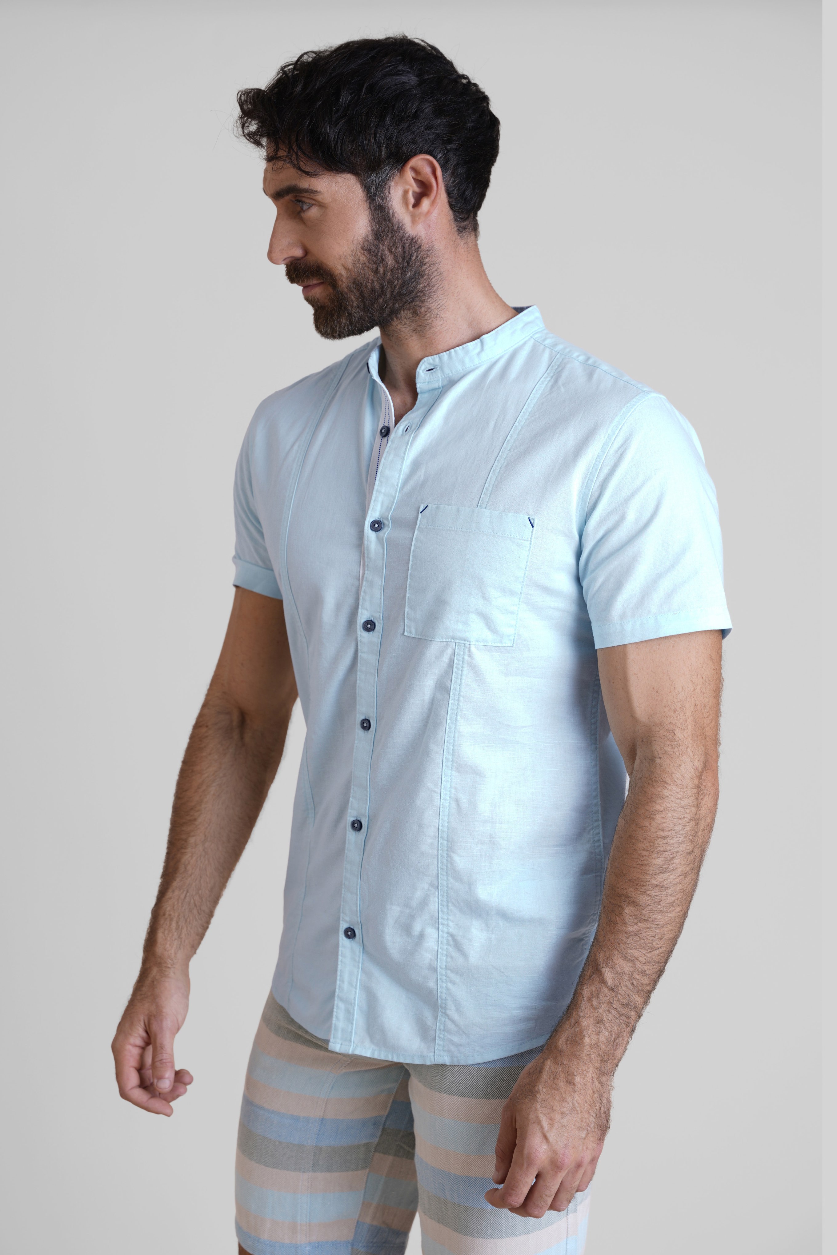 Enorsia Sky Blue Cotton Linen Grandad Collar Shirt - L - 70% Cotton, 30% Linen