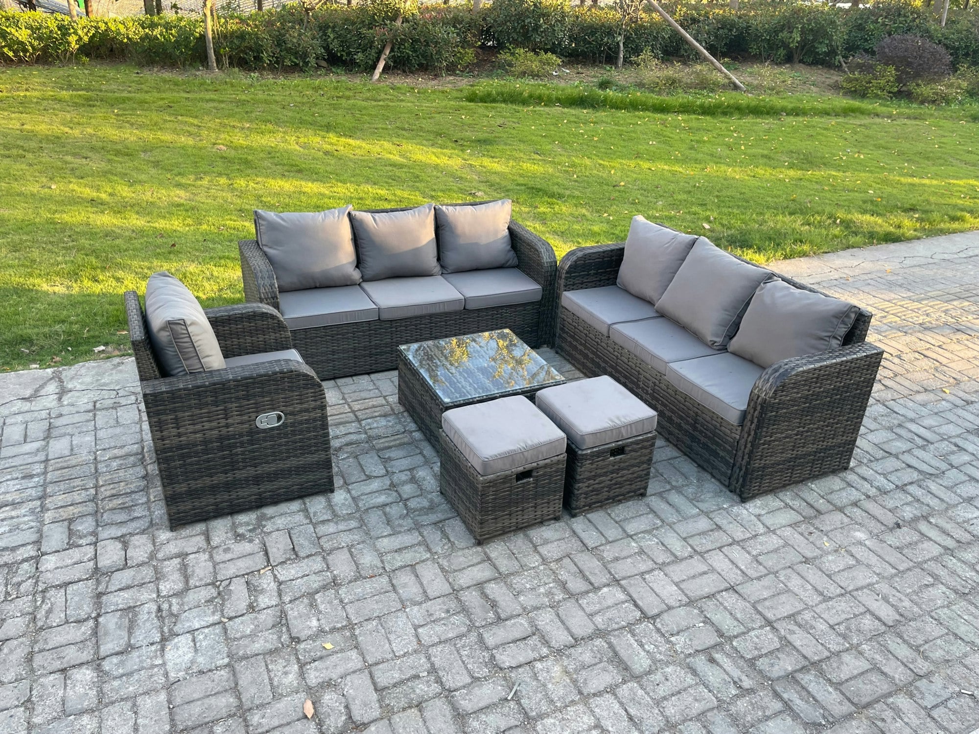 Fimous Dark/Grey Outdoor Rattan Garden Furniture Set Conservatory Patio Sofa Coffee Table With Reclining Chair 2 Small Footstools Mixed