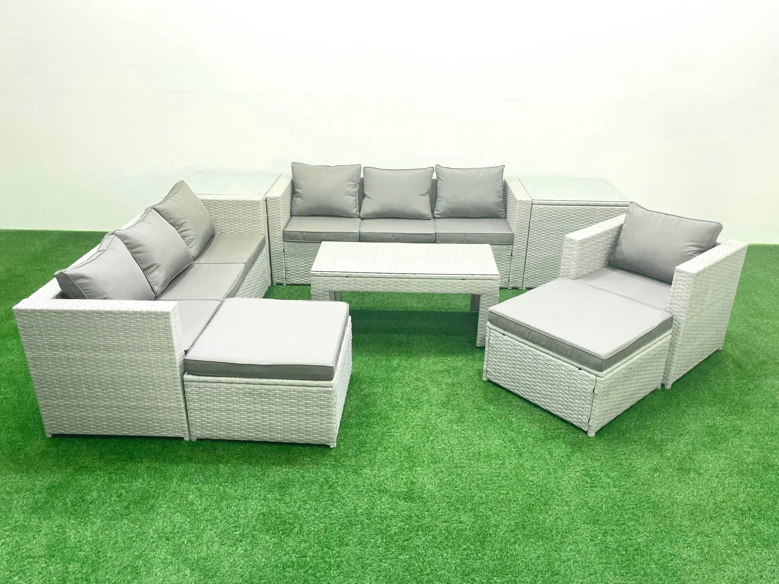 Rackhams Light/Grey Wicker Pe Rattan Sofa Garden Furniture Set With Oblong Coffee Table Armchair 2 Big Footstools 2 Side Tables Mixed