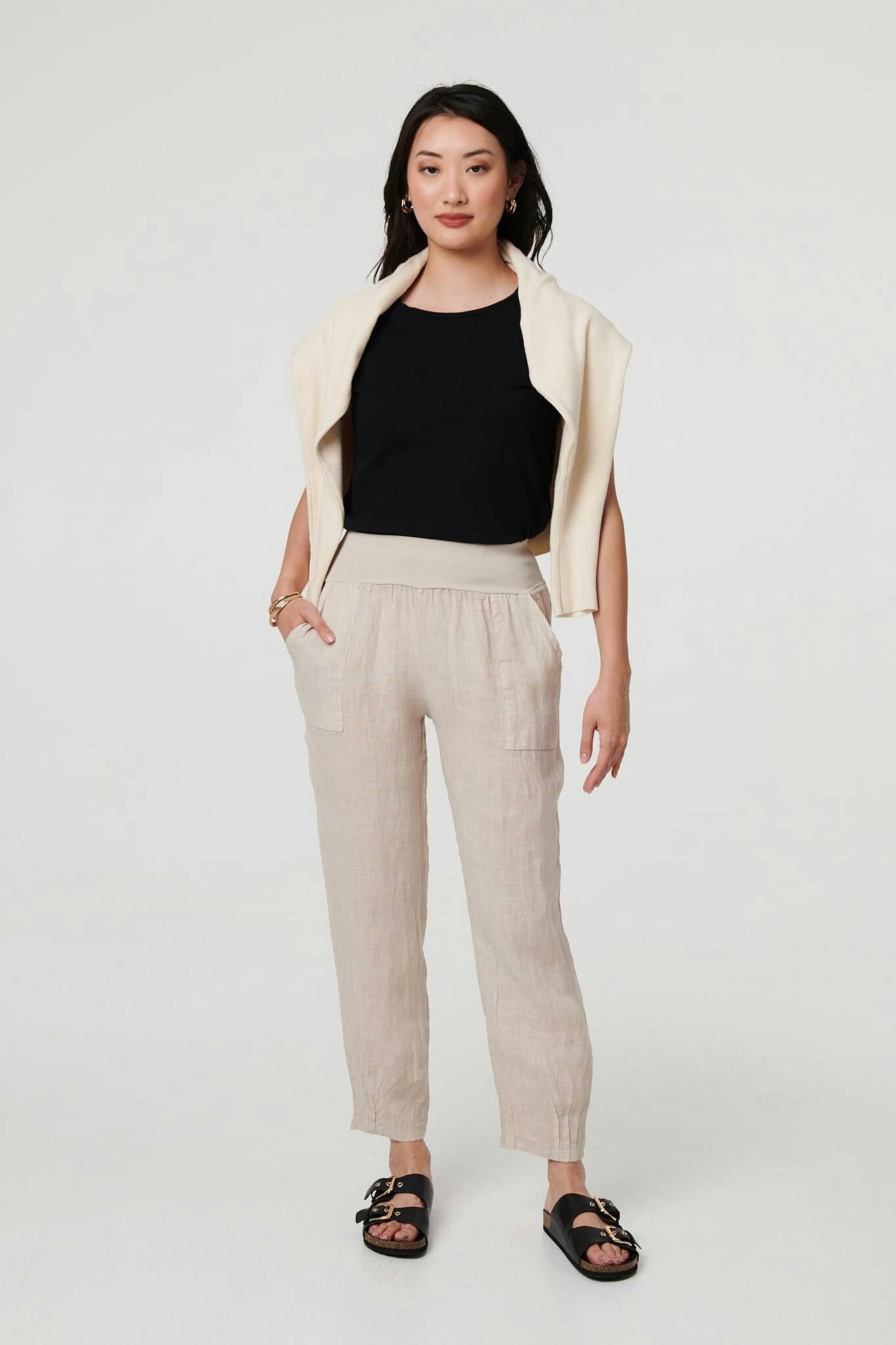 Izabel London Women's White Relaxed Linen Blend Tapered Trousers - Linen - 10