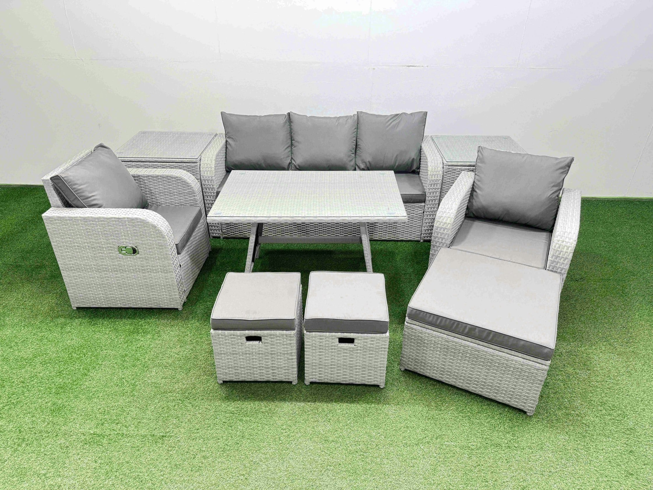 Rackhams Light/Grey Reclining Chair 3 Seat Sofa Set Garden Furniture Set With Rectangular Dining Table 2 Side Tables 3 Footstools