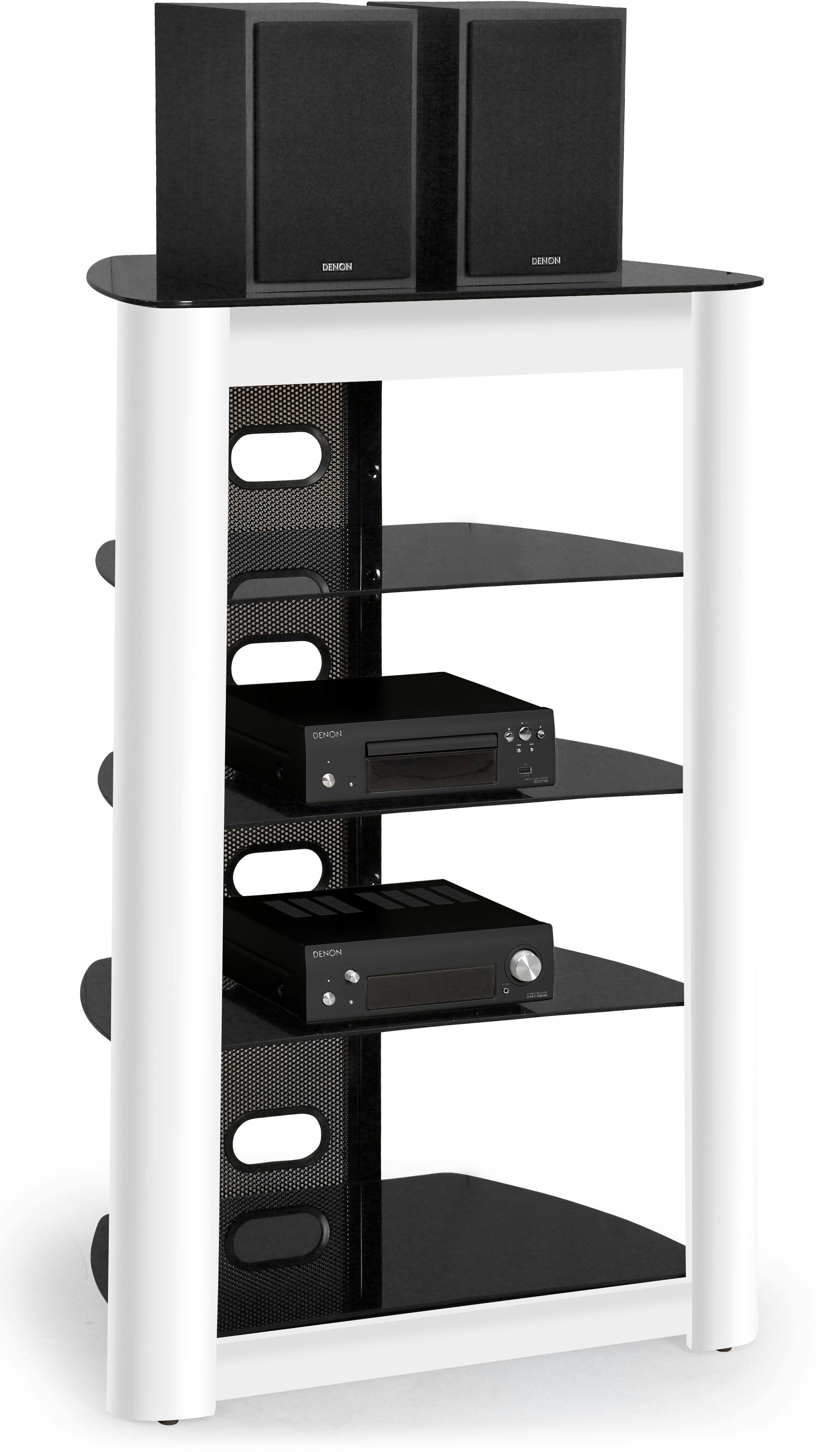 Rackhams Black/White Zinnia 5-Tier Glass Shelves With Gloss Fascia Entertainment Media Audio Rack