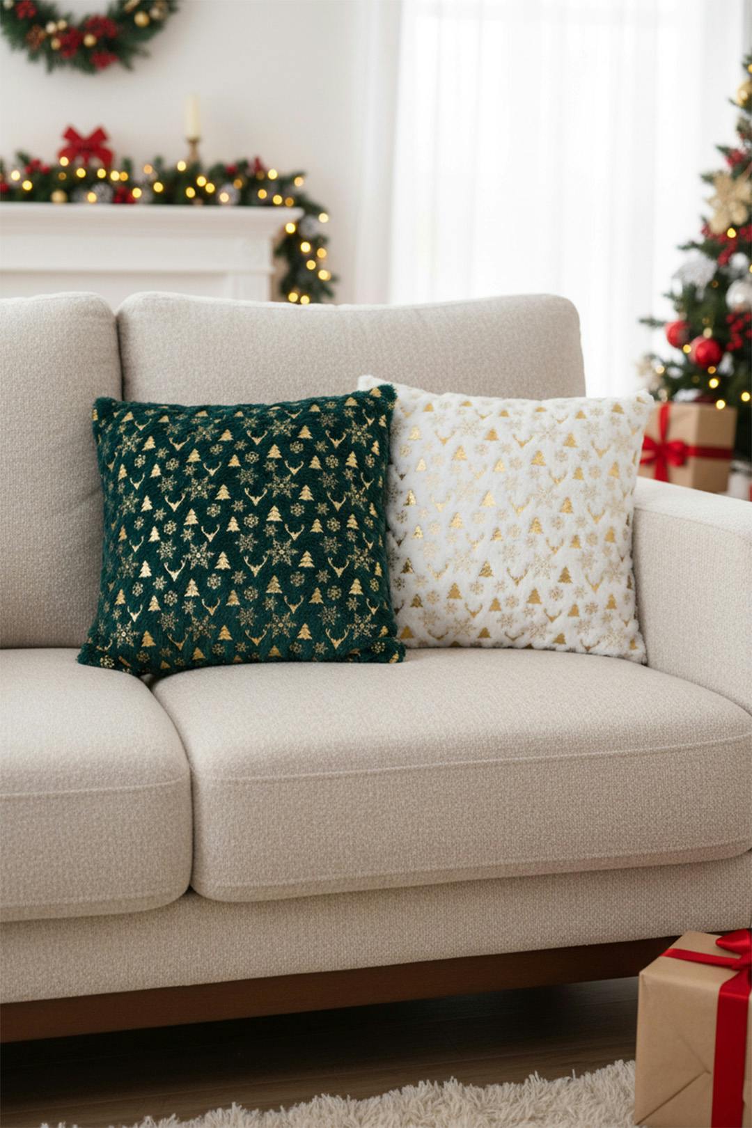 Living And Home Green/White Christmas Themed Plush Throw Pillows - & - Snowflakes