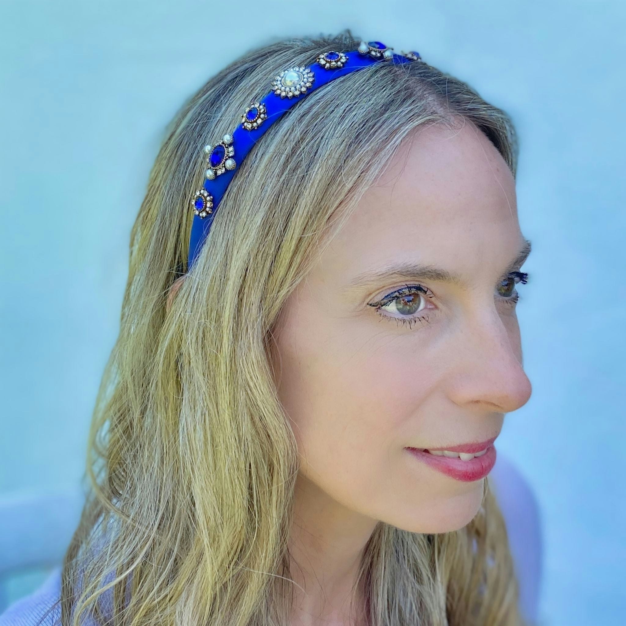 Queenmee Accessories Blue Headband Hair Band Thin Hair Band With Pearls And Jewels