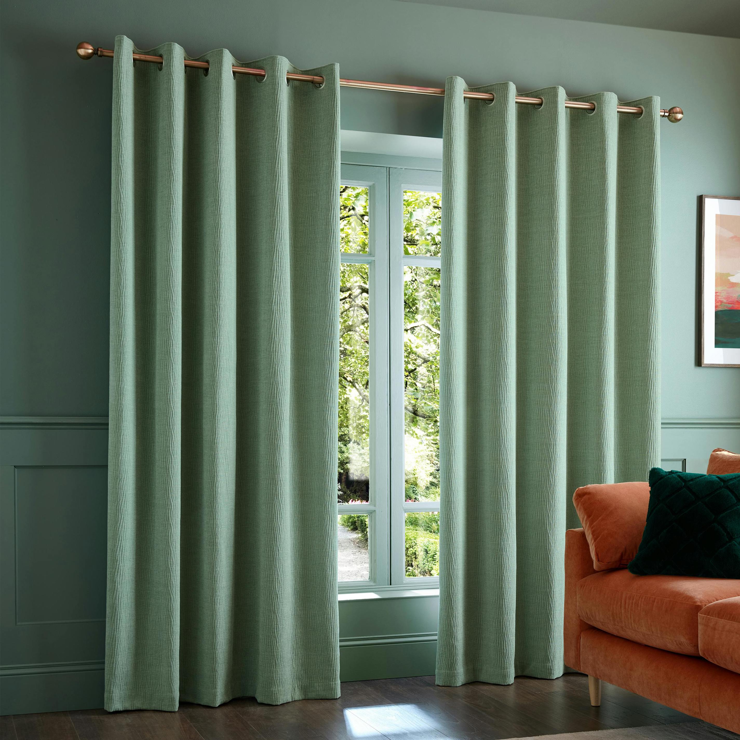 Rackhams Green Crinkle Chenille Lined Eyelet Curtains - 46 X 72 Inch