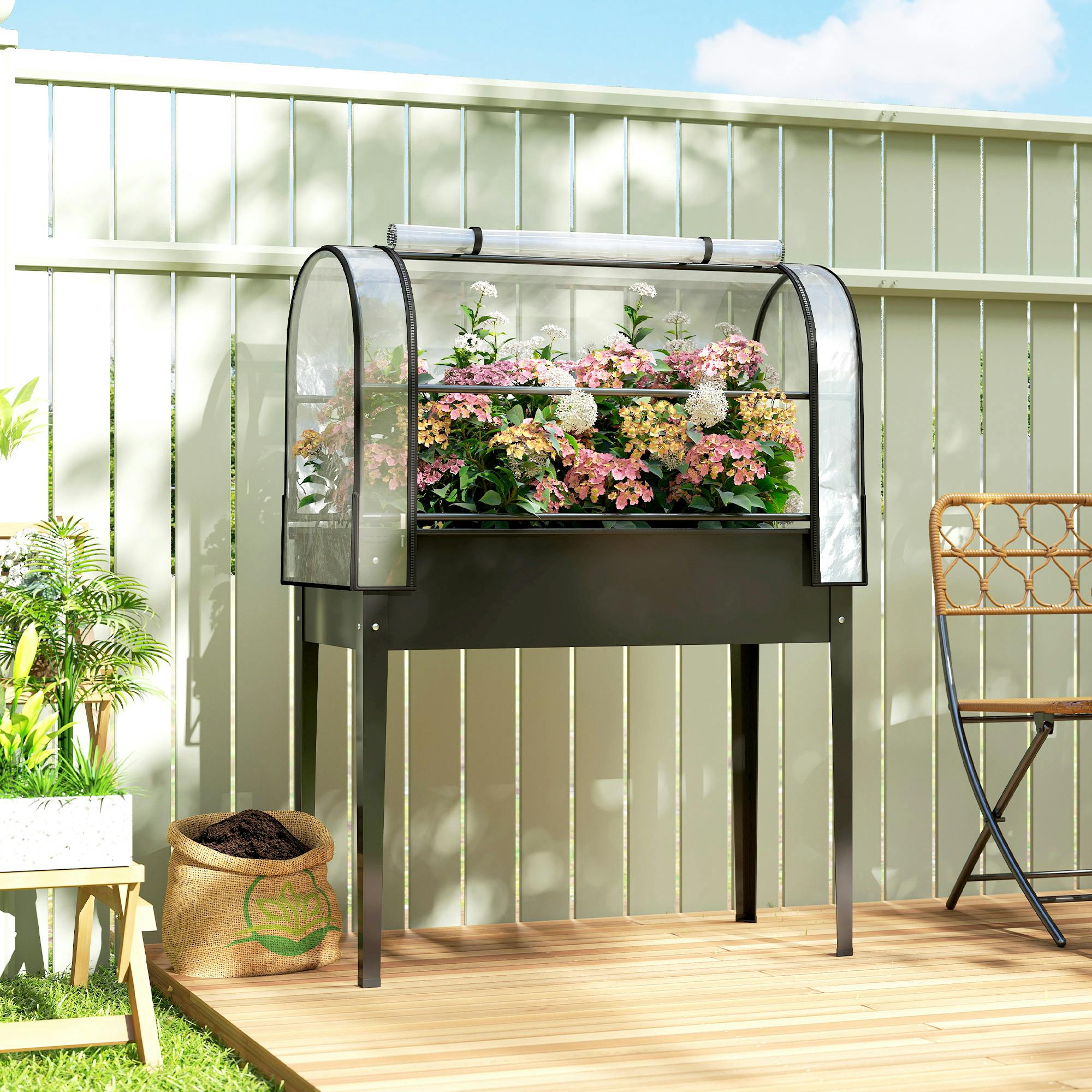 Outsunny Unisex Black Metal Raised Planter With Flip-Up Greenhouse, Drainage Hole, - Image 3