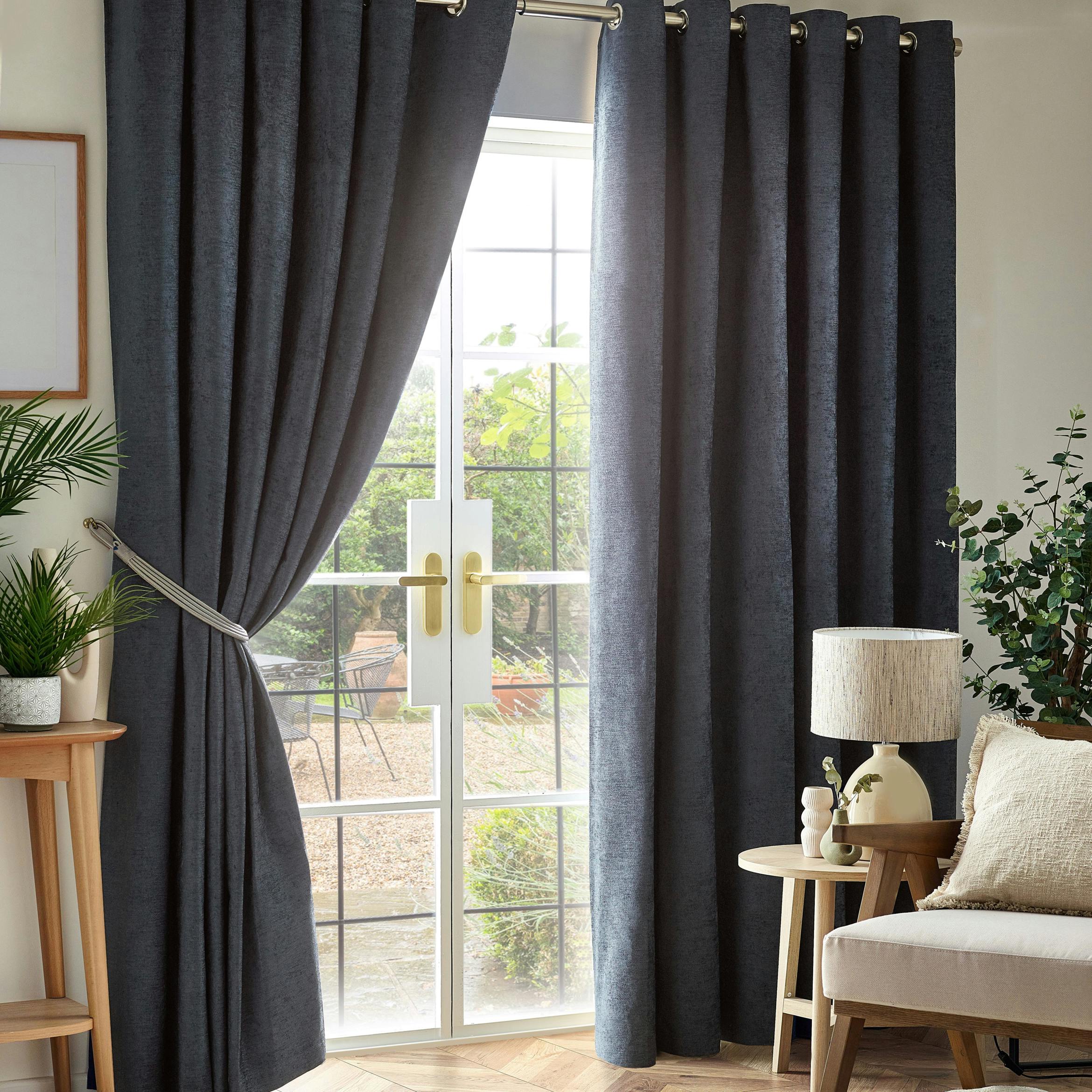 Rackhams Light/Black Chenille Blackout Ring Top Eyelet Curtains - Charcoal - 117Cm Width X 183Cm Drop