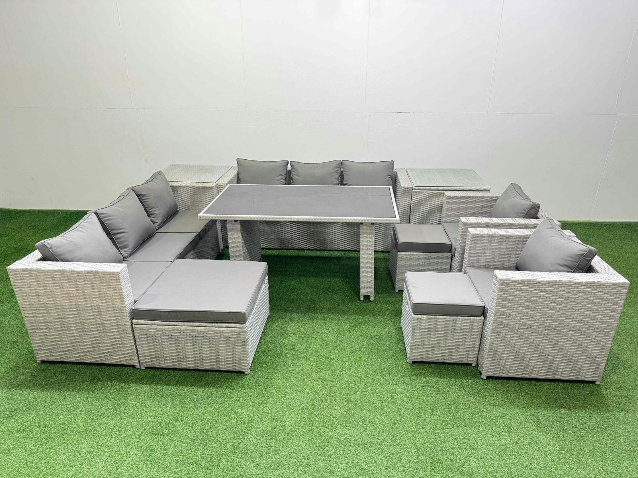 Fimous Light/Grey 11 Seater Wicker Pe Rattan Furniture Outdoor Dining Table 3 Seater Sofa Armchair Set With 2 Side Tables 3 Stools