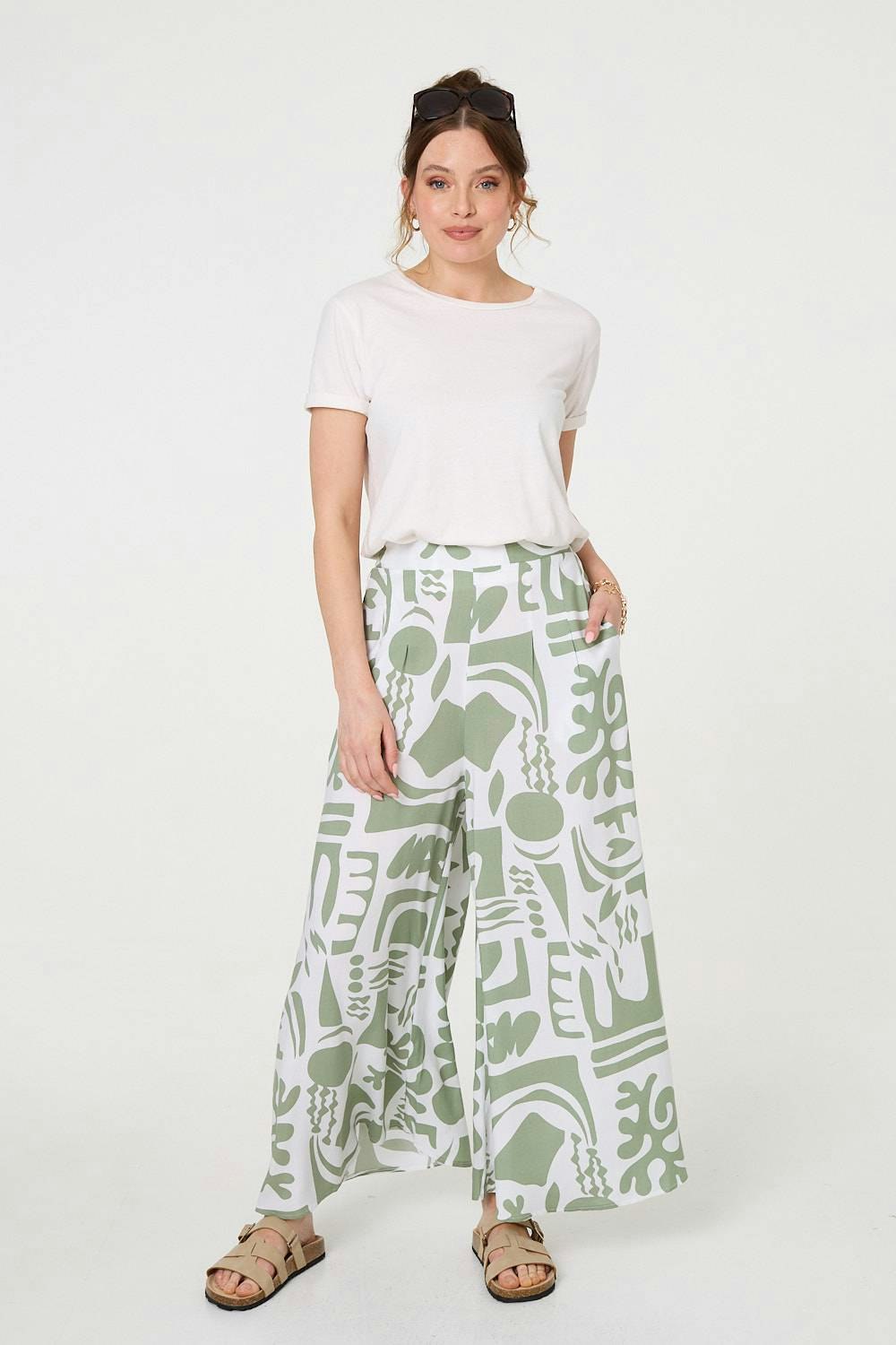 Izabel London Abstract Wide Leg High Waist Trousers - Sage - 14