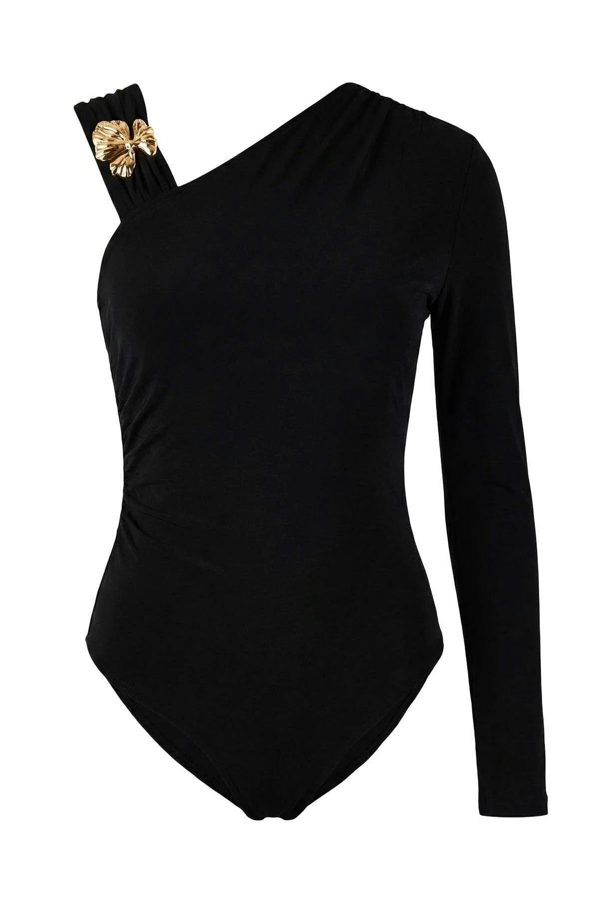 Wovcor Black Asymmetrical Neckline Knit Party Bodysuit With Accessory Details - 14
