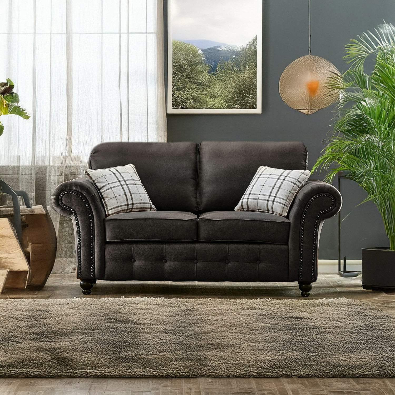 Furnishings For Less Grey Oakland Chesterfield Leather 2 Seater Sofa - Charcoal