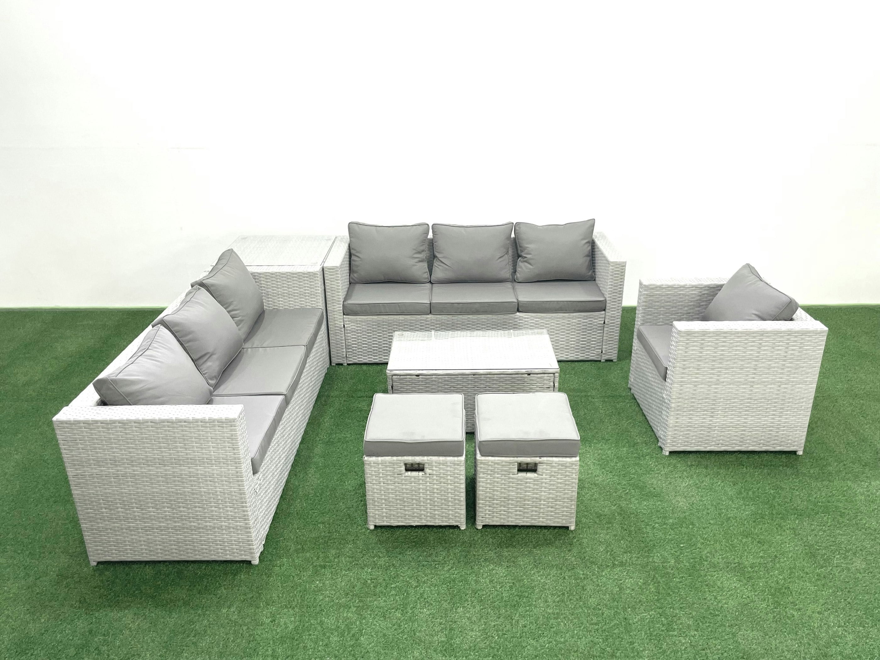 Rackhams Light/Grey Wicker Pe Rattan Sofa Garden Furniture Set With Armchair Oblong Coffee Table 2 Small Footstools Side Table Mixed
