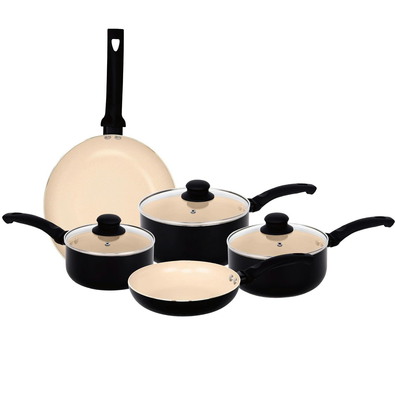 Gr8 Home Cream Aluminium 8 Pc Marble Ceramic Non Stick Induction Frying Pan Saucepan Set