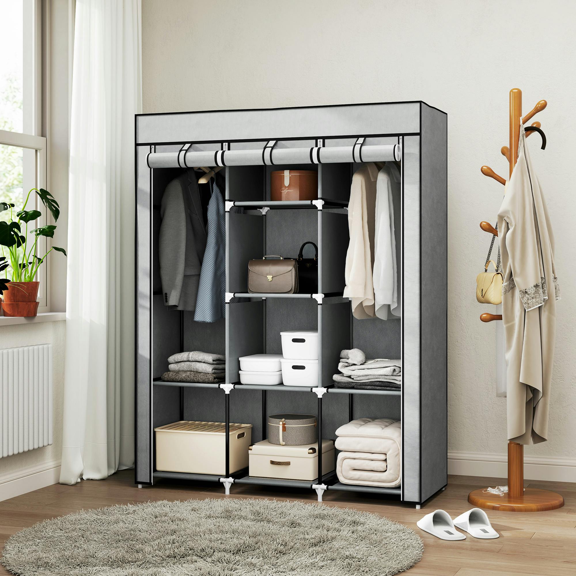 Rackhams Light/Grey Fabric Portable Wardrobe With 8 Shelves 2 Hanging Rails