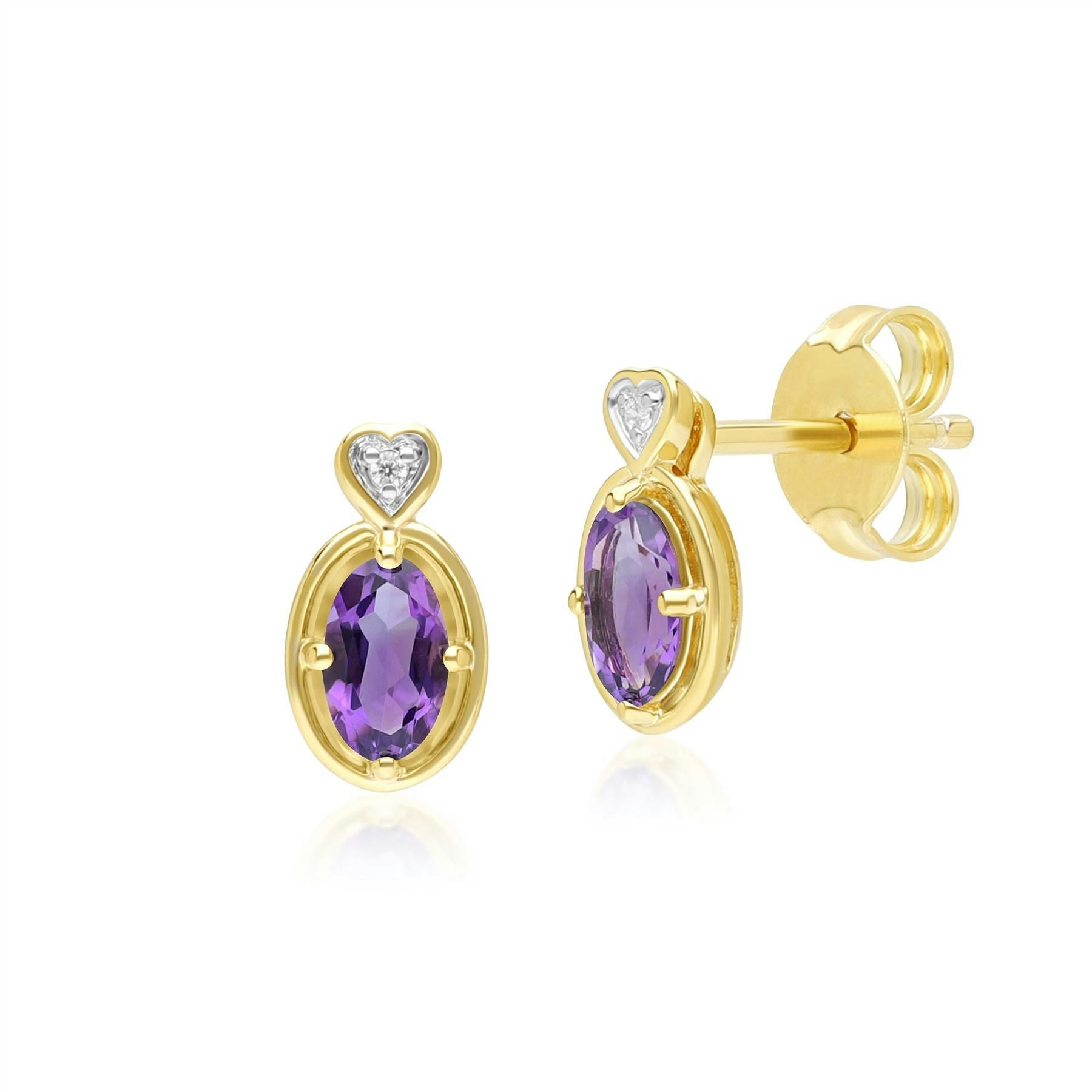 Gemondo Yellow/Gold Classic Oval Amethyst & Diamond Heart Stud Earrings In 9Ct
