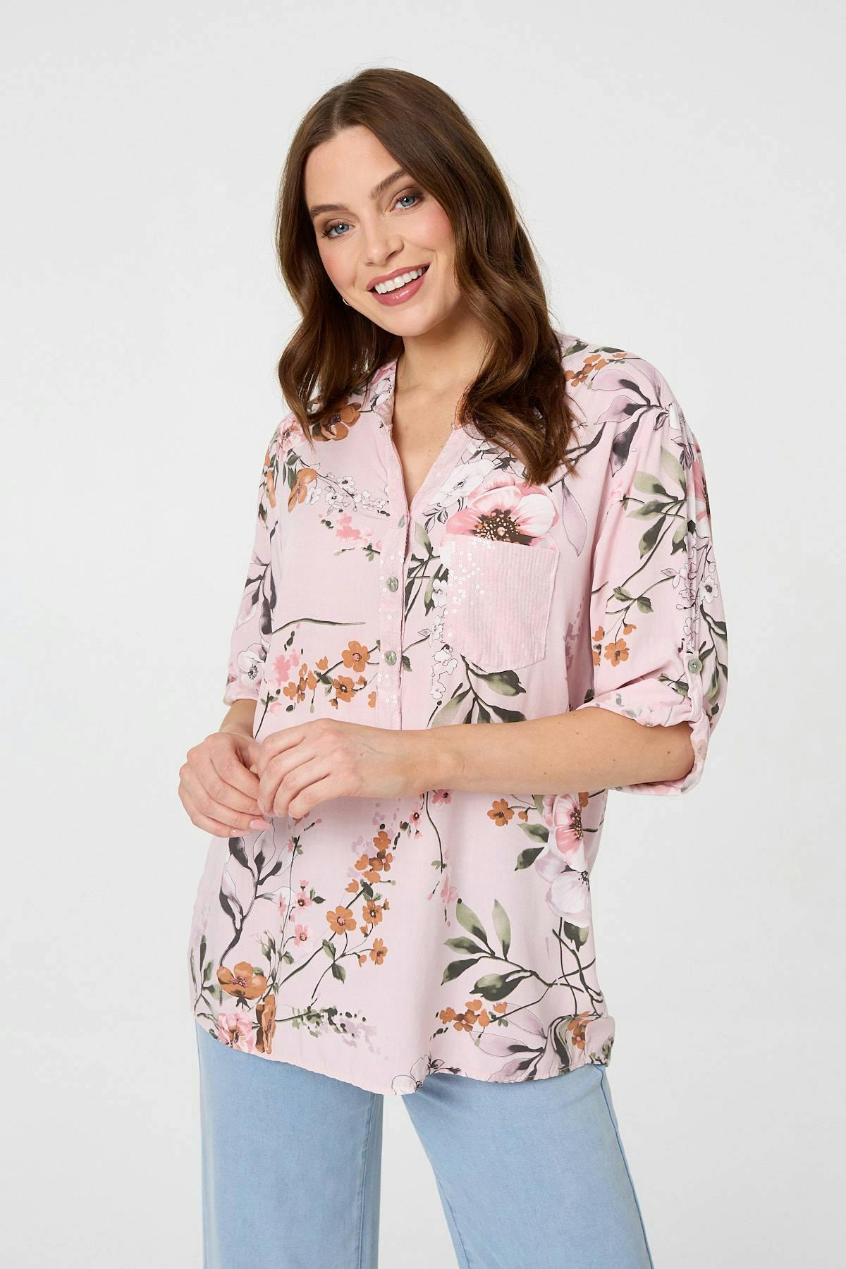 Izabel London Pink Sequin Trim V-Neck Relaxed Blouse - 10
