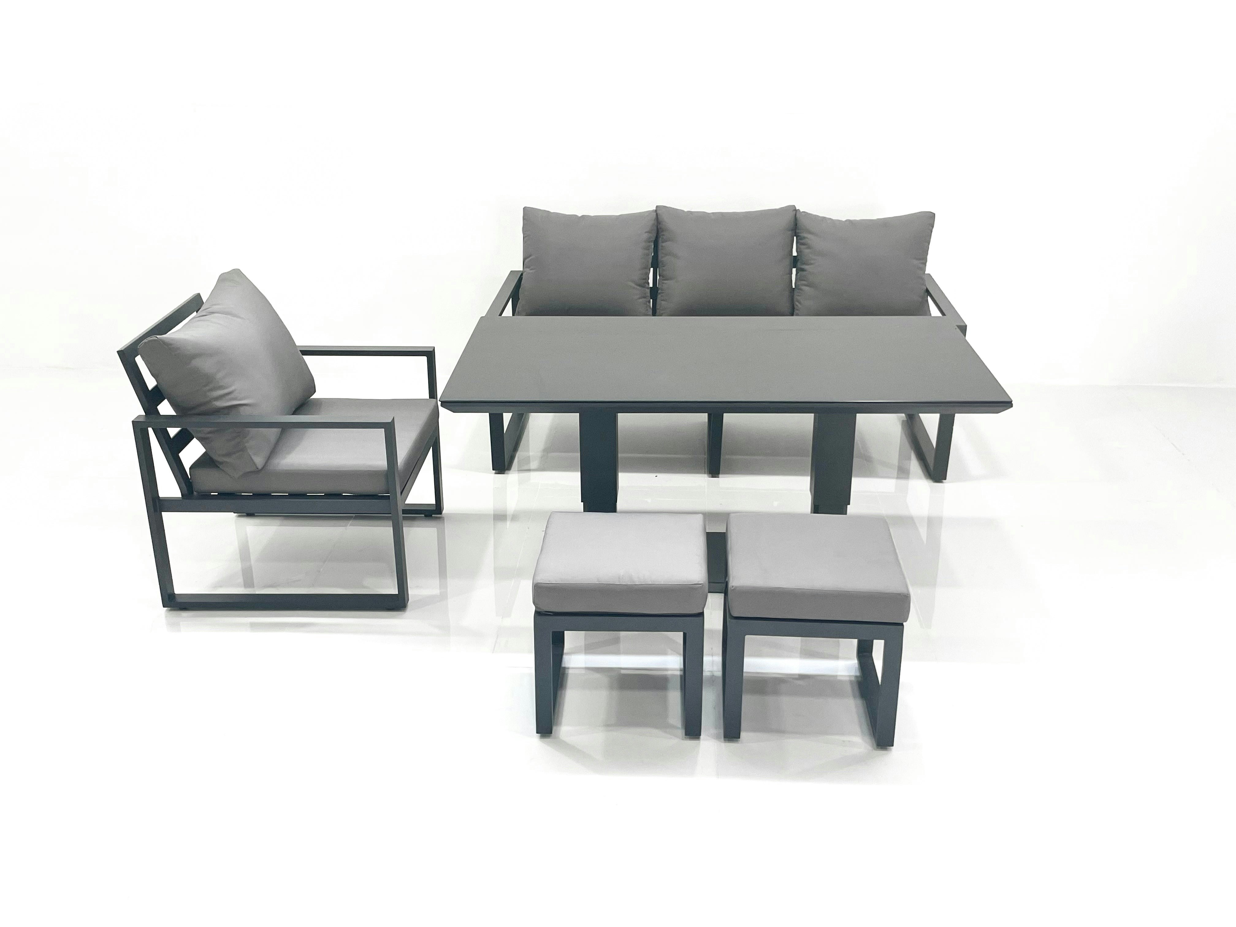 Fimous Dark/Grey Outdoor Aluminium Garden Furniture Set With Adjustable Rising Lifting Dining Table 3 Seater Sofa Chair 2 Small Footstools
