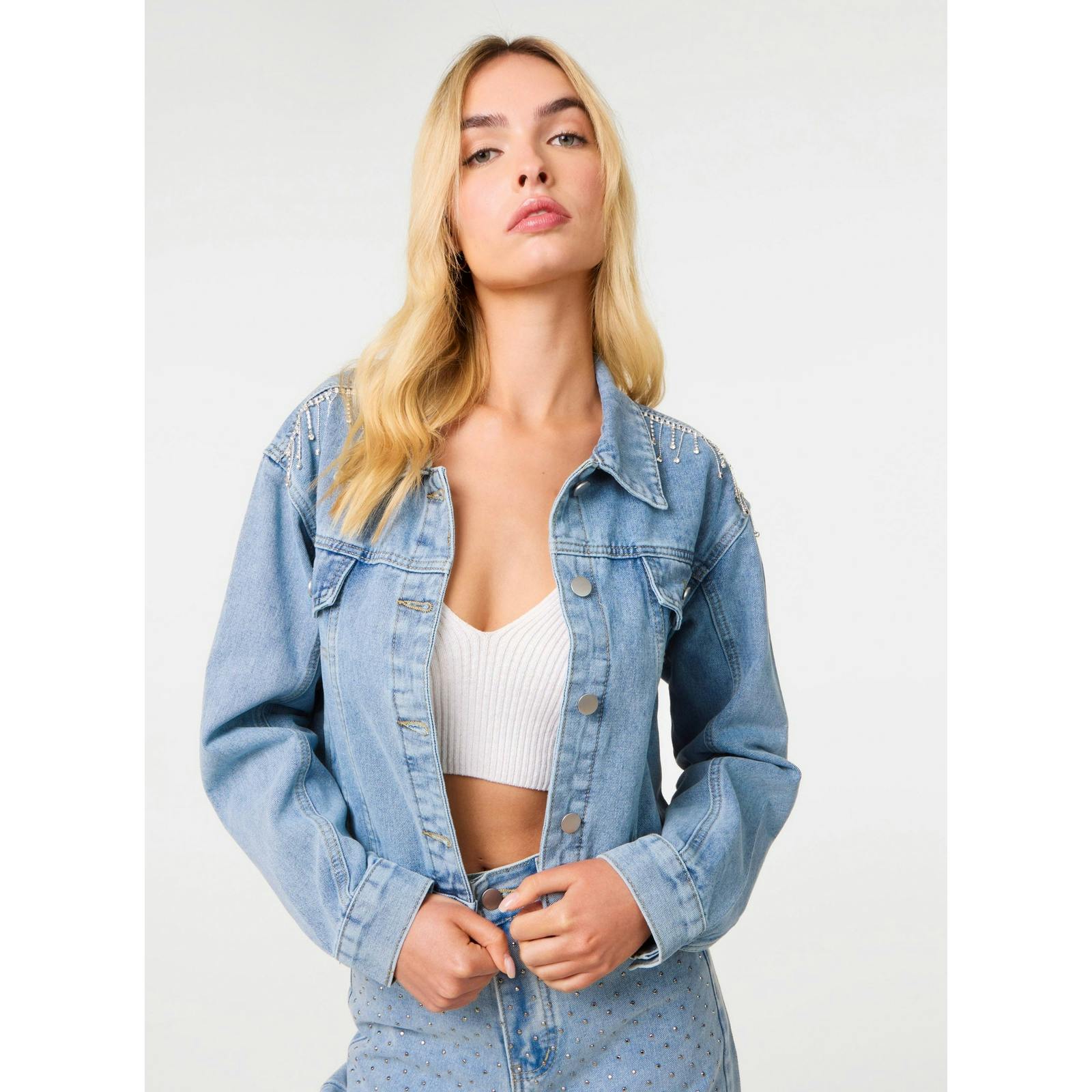 Pink Vanilla Pink/Light/Blue Vanilla Embellished Tassel Shoulder Denim Jacket - S