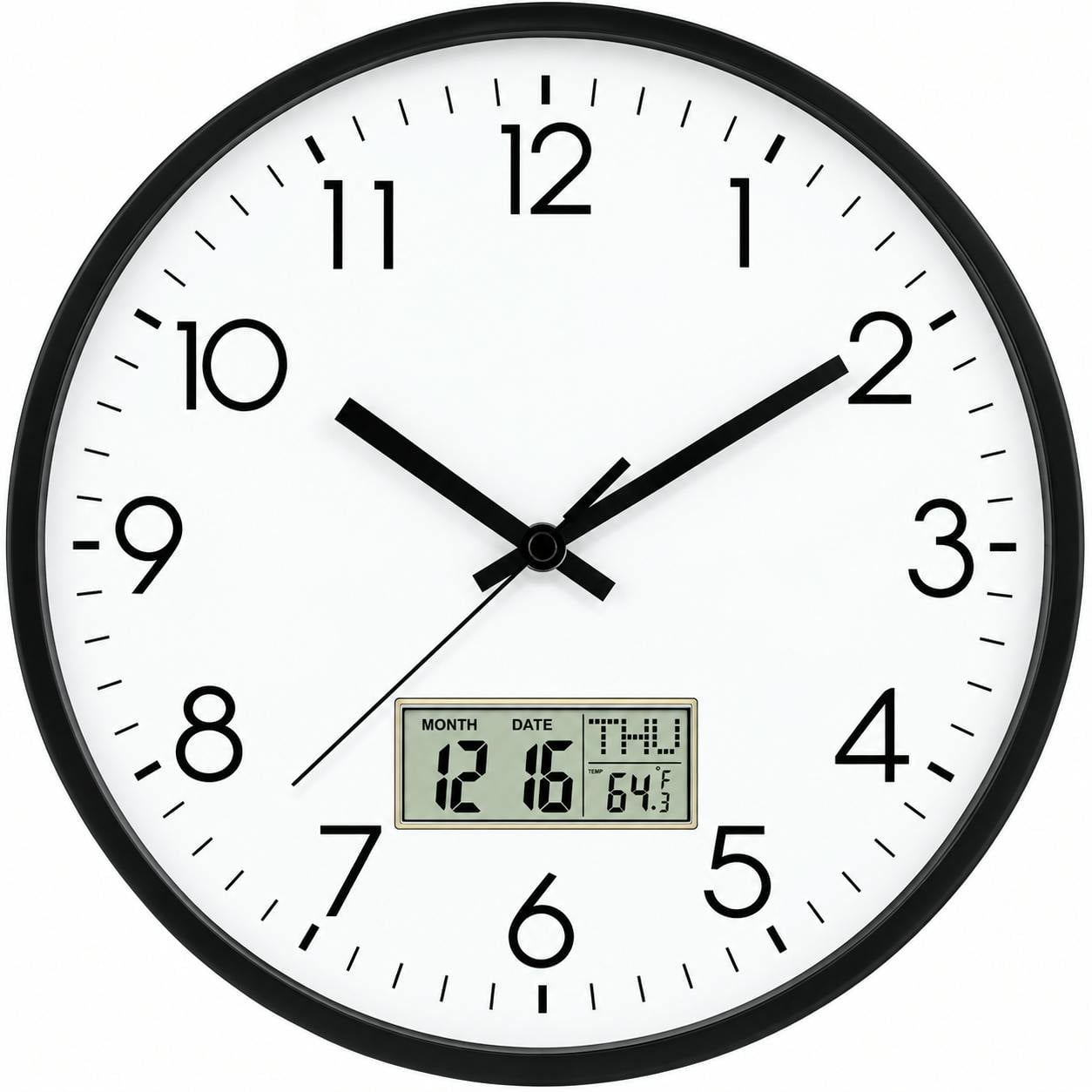 Rackhams Black 12 Inch Digital Wall Clock Date Day Temperature Silent