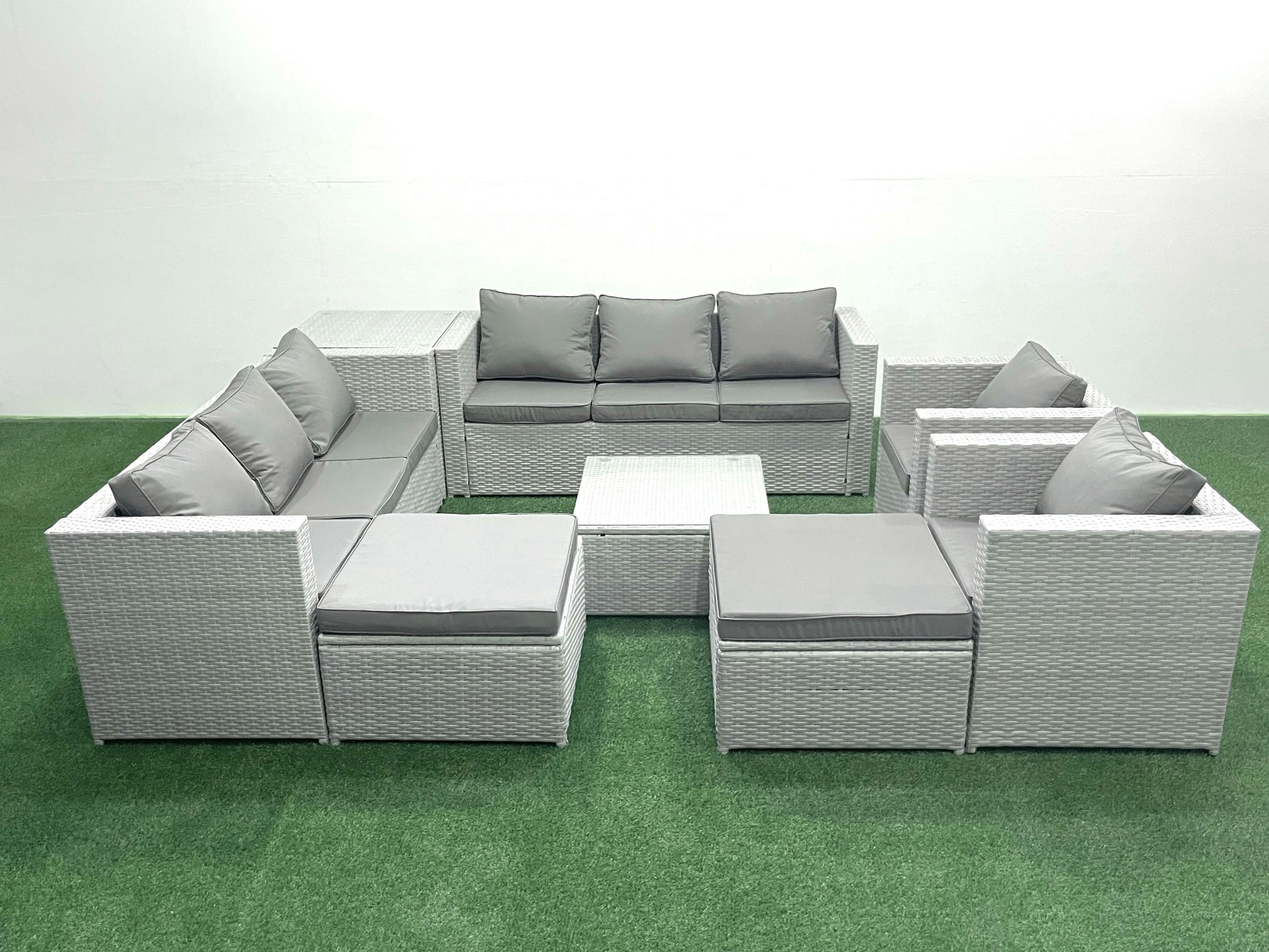 Rackhams Light/Grey Outdoor Rattan Sofa Garden Furniture Set With 2 Armchairs Square Coffee Table 2 Big Footstools Side Table Mixed
