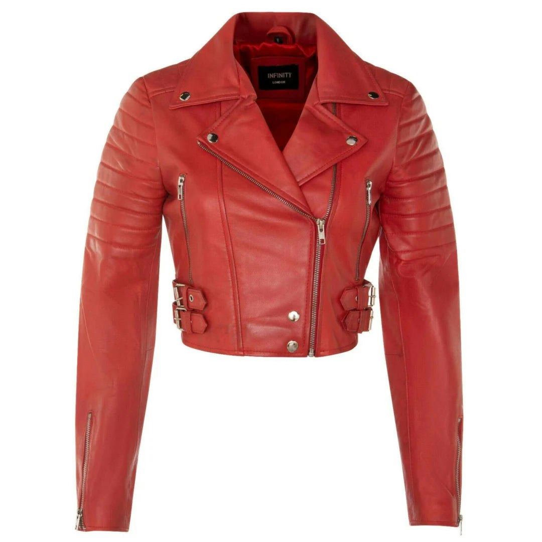 Infinity Leather Women's Red Real Leather Short Cropped Length Biker Jacket - Uk 18
