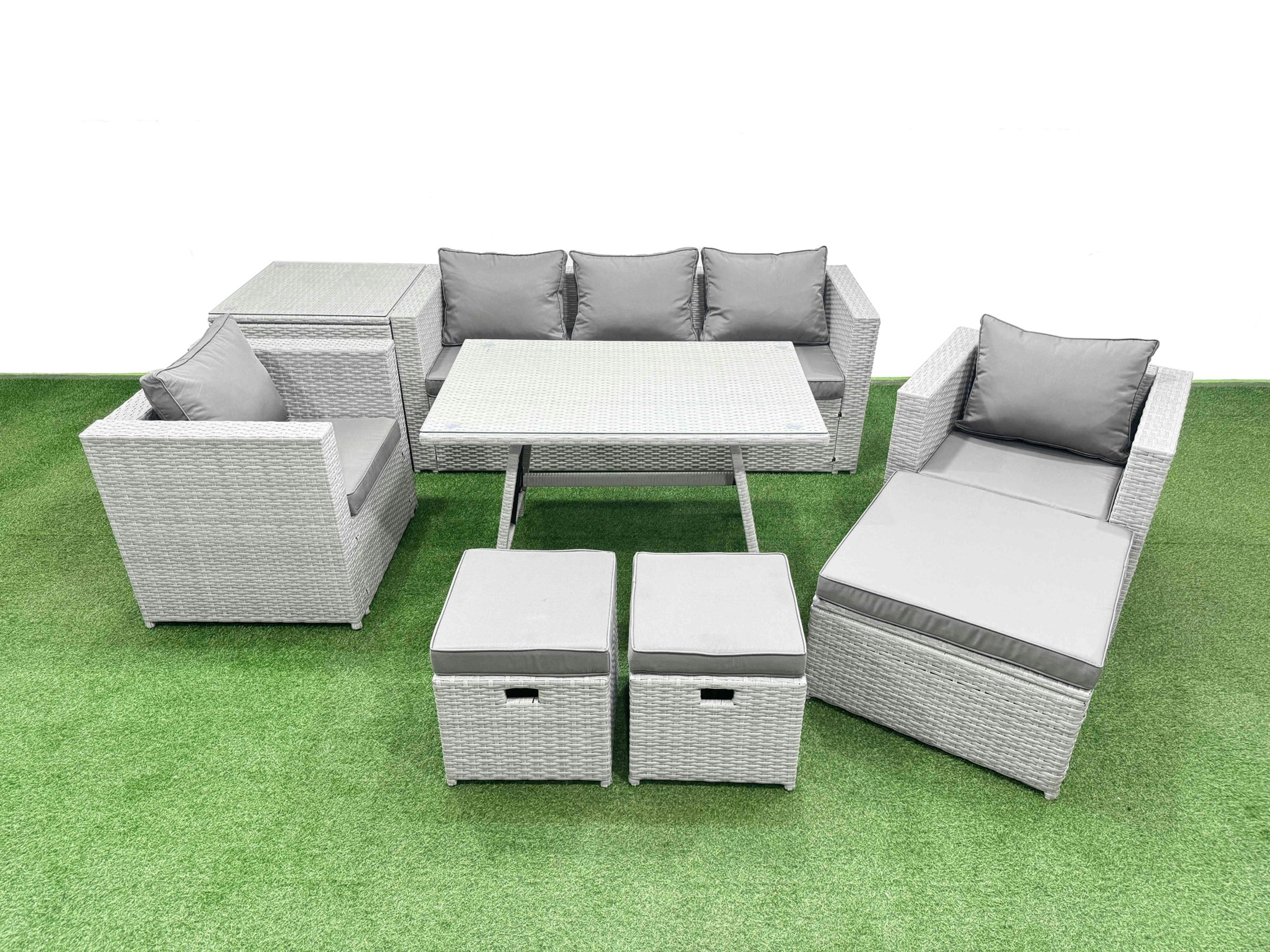 Fimous Light/Grey 9 Pieces Outdoor Pe Rattan Sofa Armchair Set Patio Garden Furniture Sets With Cushions Side Table 3 Stools