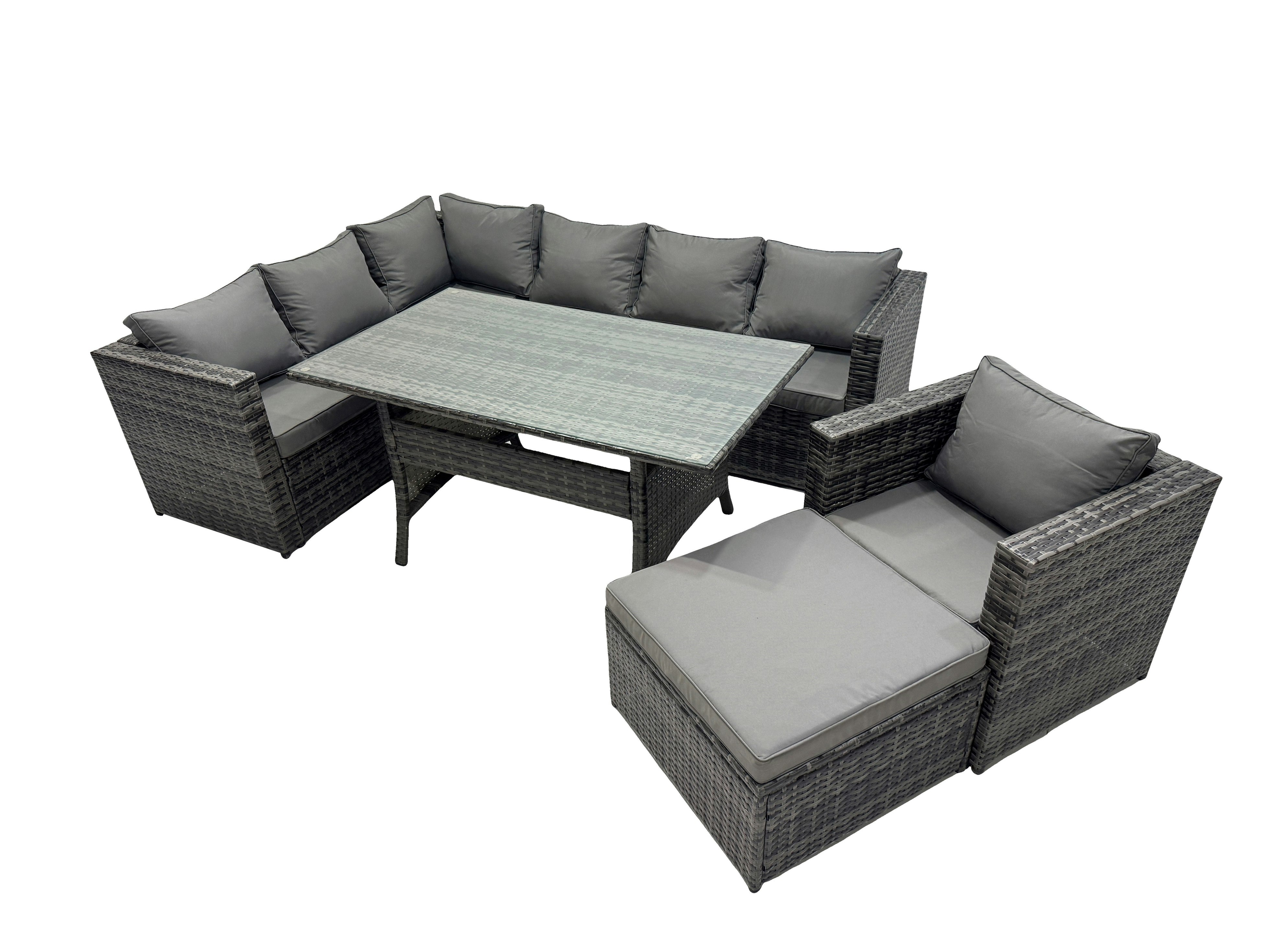 Rackhams Dark/Grey Outdoor Pe Rattan Sofa Set With Dining Table Patio Garden Furniture Sets With Chair Big Stool Mixed