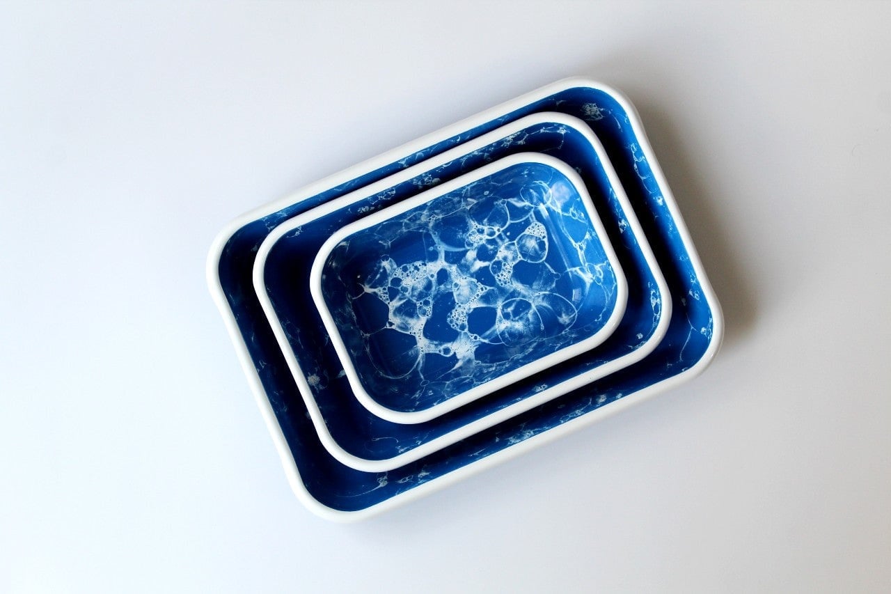 Rozi Cobalt/Blue/White Bubble Collection Enamel 3-Piece Rectangular Serving And Roasting Dish Set