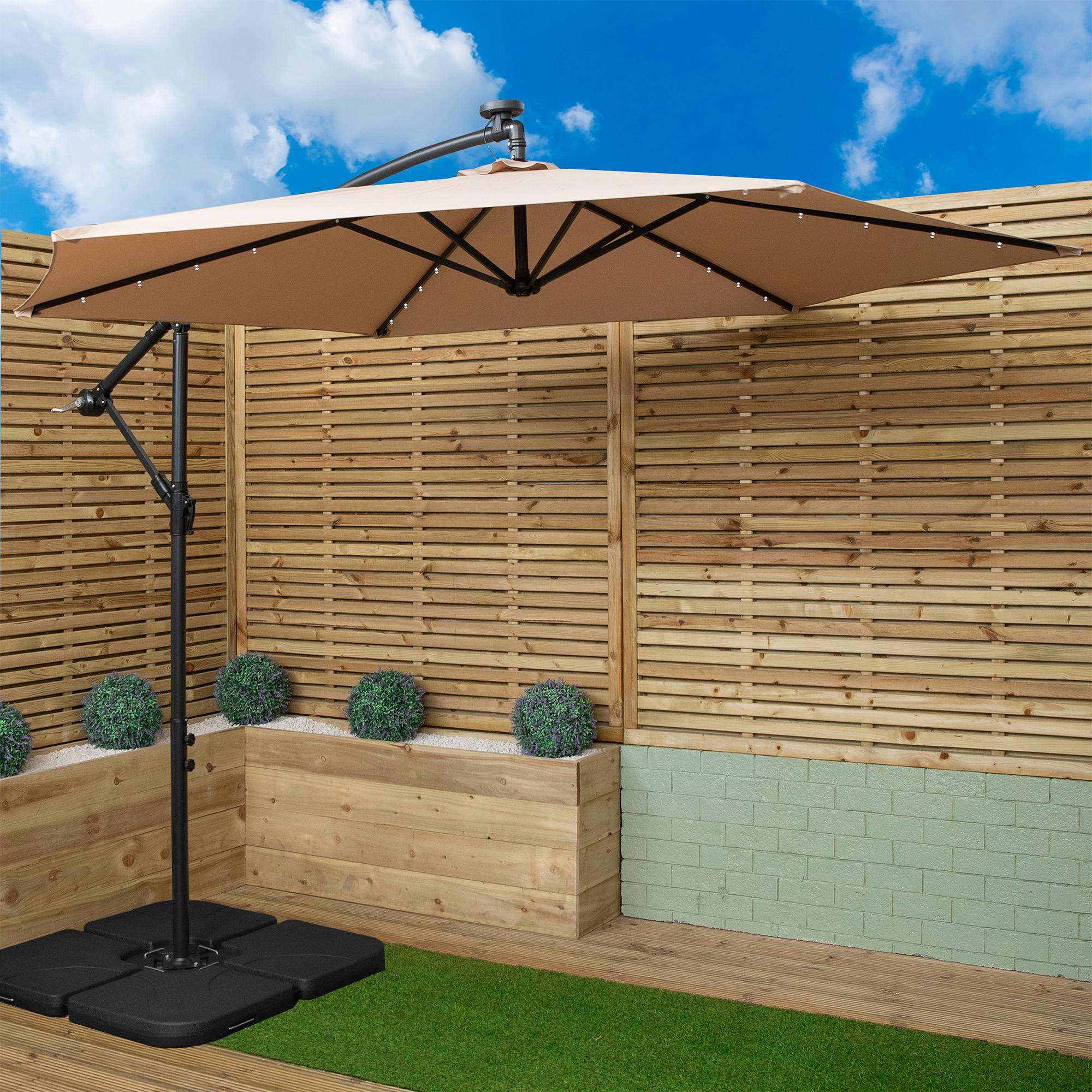 Rackhams Beige 3M Solar Powered Lit Banana Cantilever Garden Parasol With Leds & Base Weights Included In
