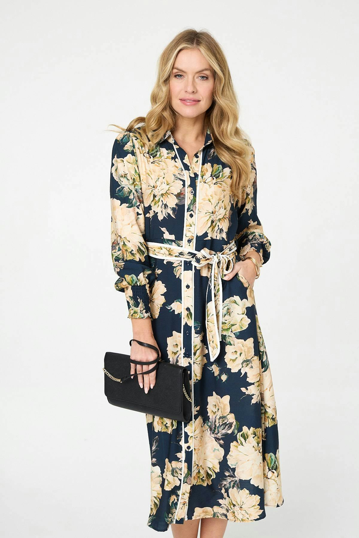 Izabel London Floral Print Tie Waist Midi Shirt Dress - 10 - Navy