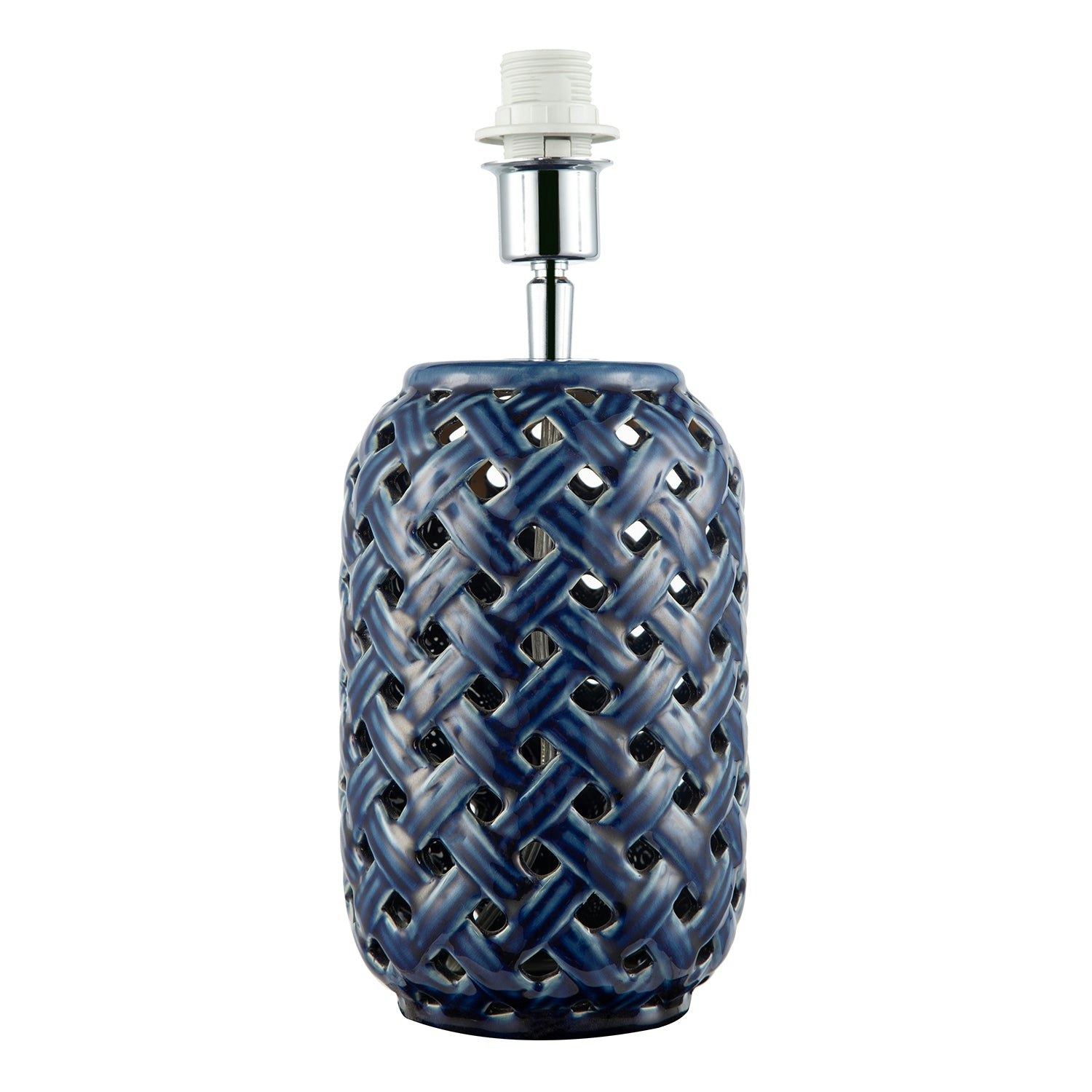 Happy Homewares Blue Lattice Design Ceramic Gloss Table Lamp In Brushed Midnight