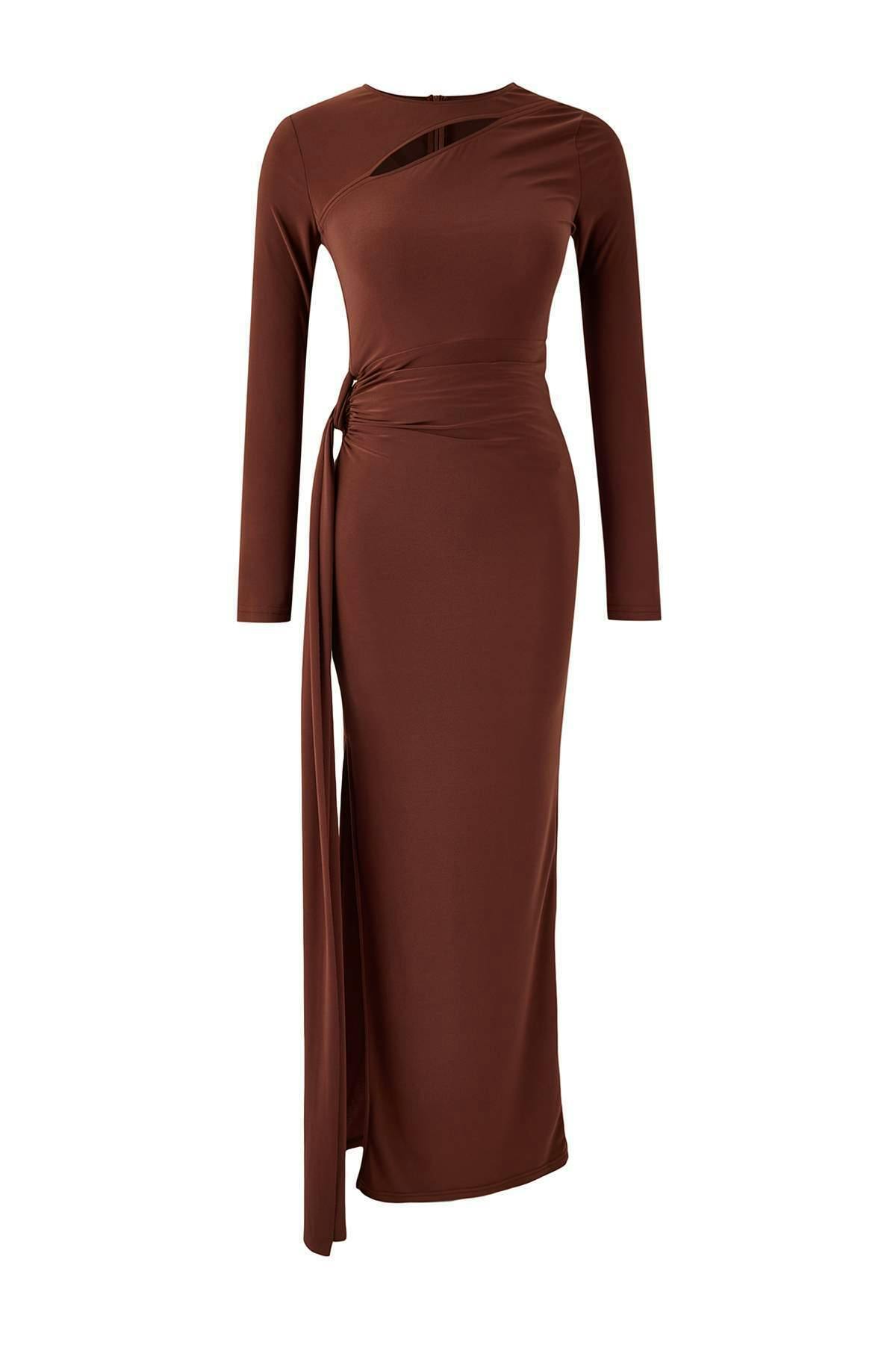 Wovcor Brown Maxi Evening Dress With Neckline Cut Out Detail - 14