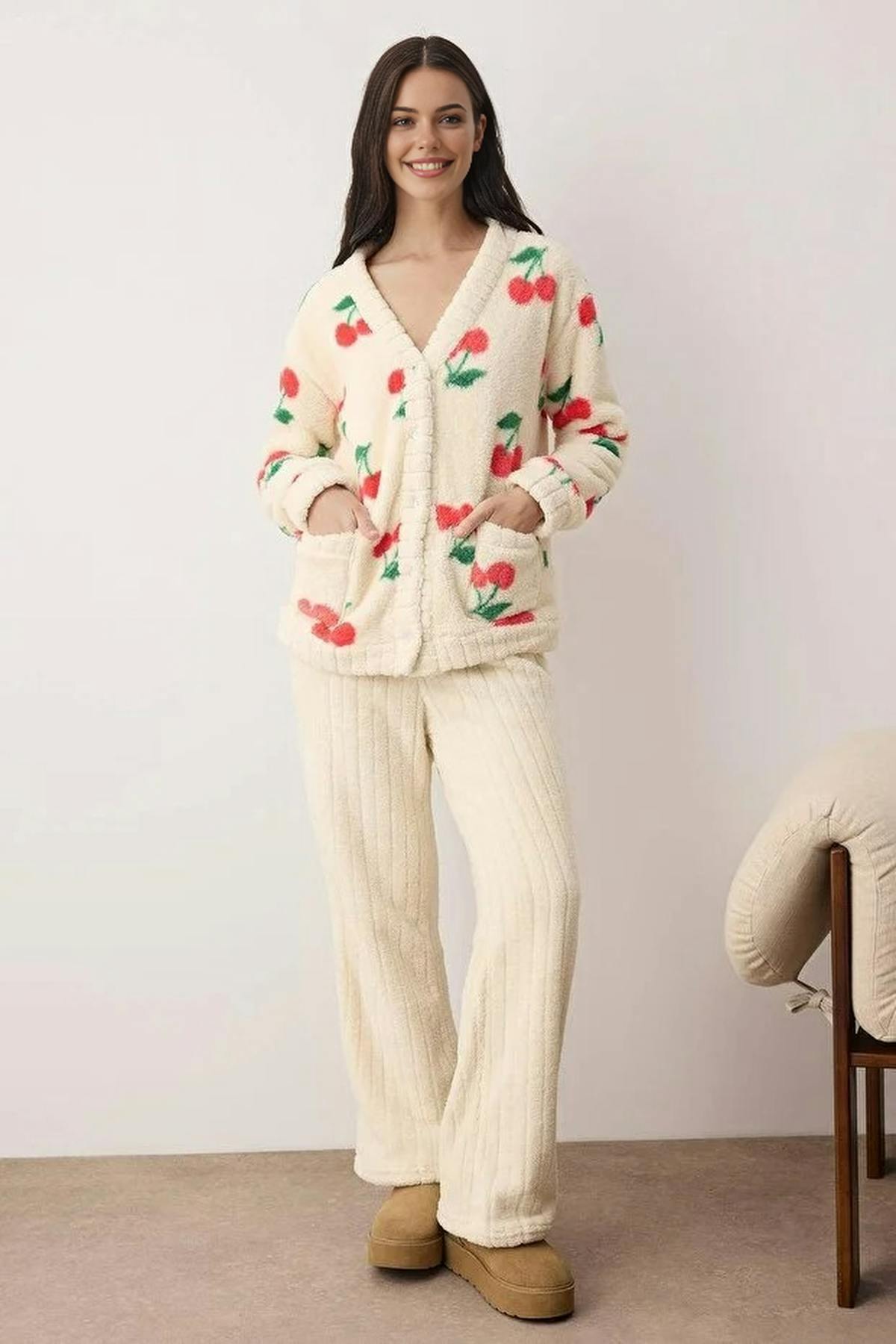Wovcor 2-Piece Cherry Pattern Wellsoft Knitted Pajama Set - Multi - Xs