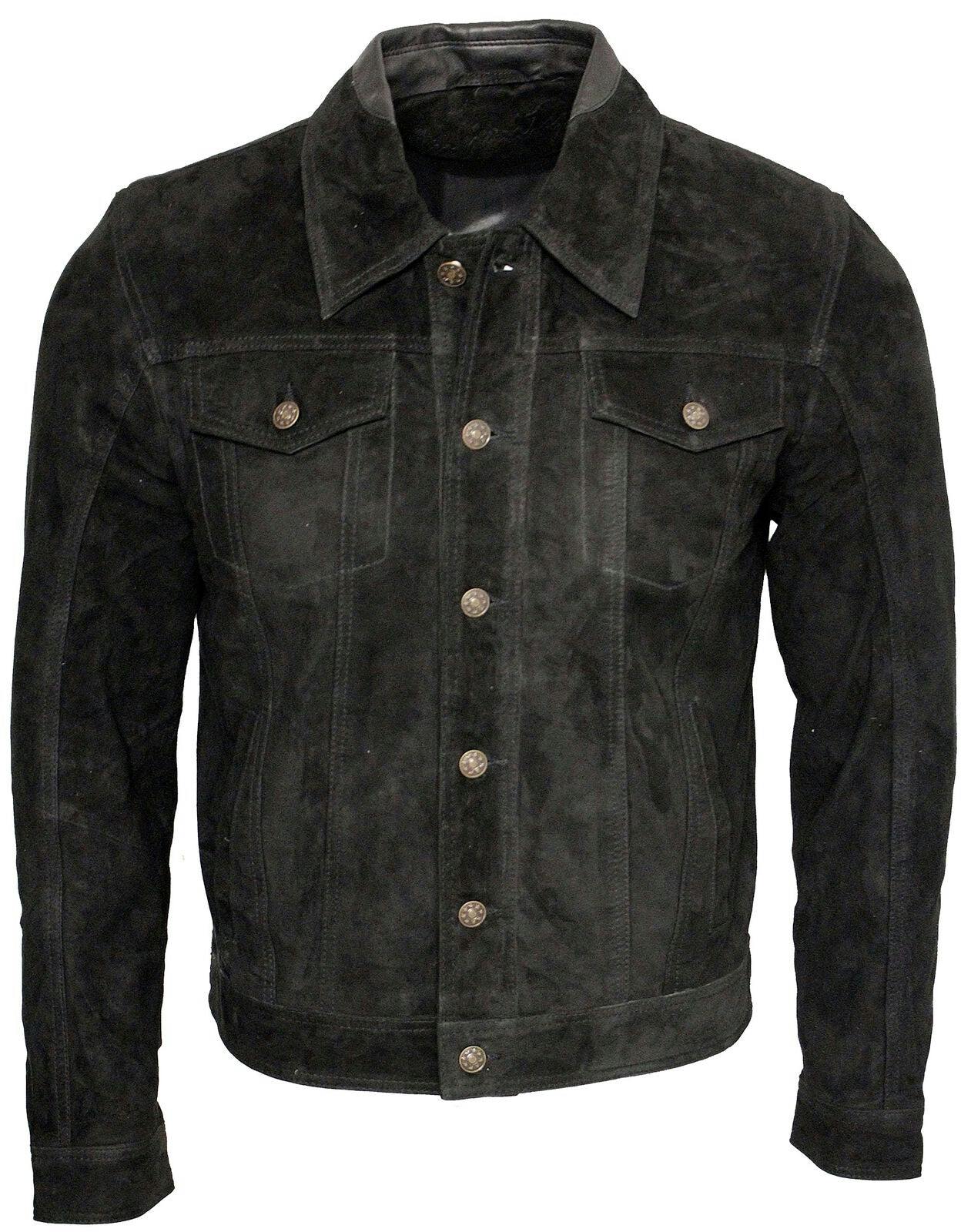 Infinity Leather Men's Black Trucker Classic Suede Leather Shirt Jeans Jacket - Uk M | Eu 48 | Us 38