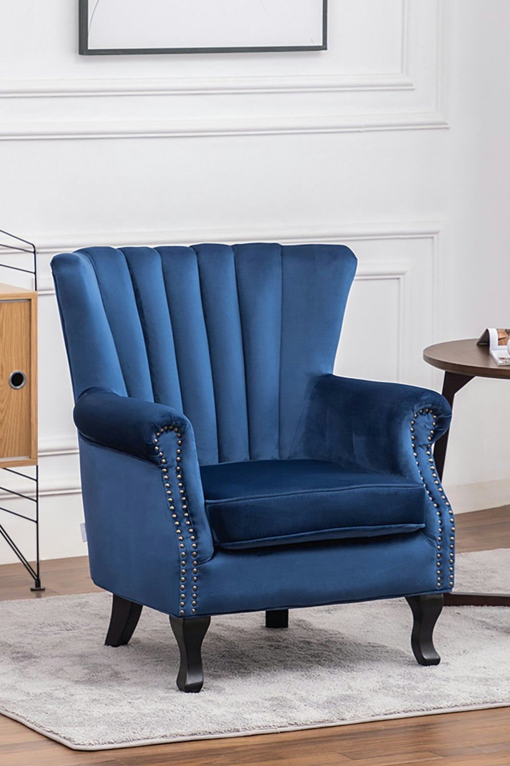 Rackhams Blue Vintage Velvet Wing Back Armchair With Studs