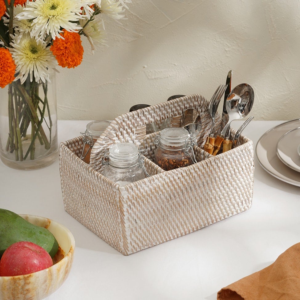 Rackhams White Rattan Condiment And Cutlery Basket Holder - Wash