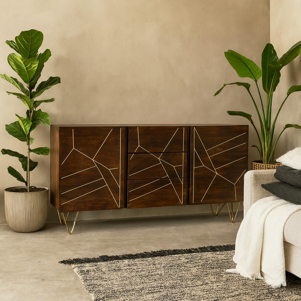 Rackhams Dark/Gold Bandung Mango Wood And Large Sideboard 3 Drawers 2 Doors