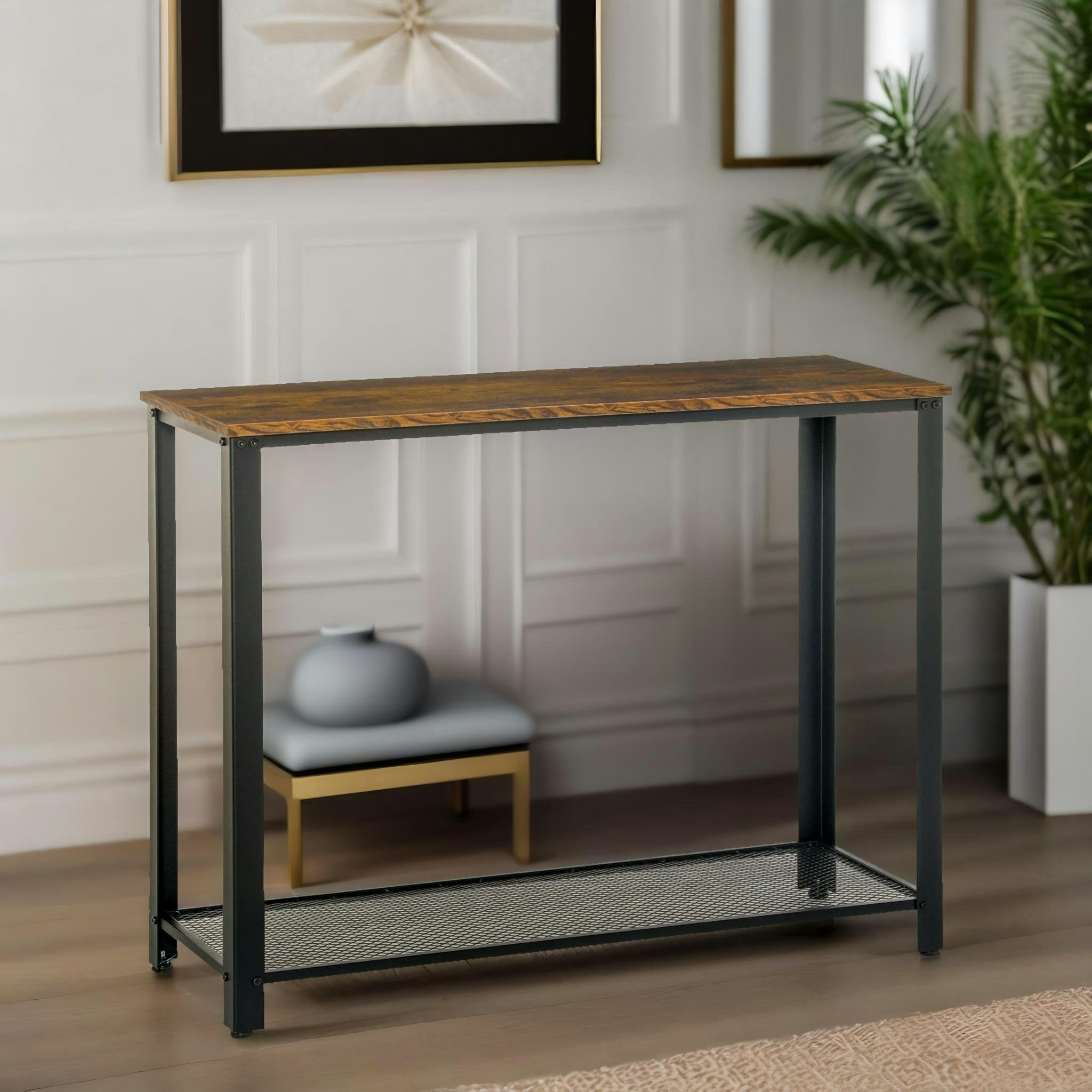 Rafaelo Mobilia Black Industrial Rustic Console Table With 2 Shelves