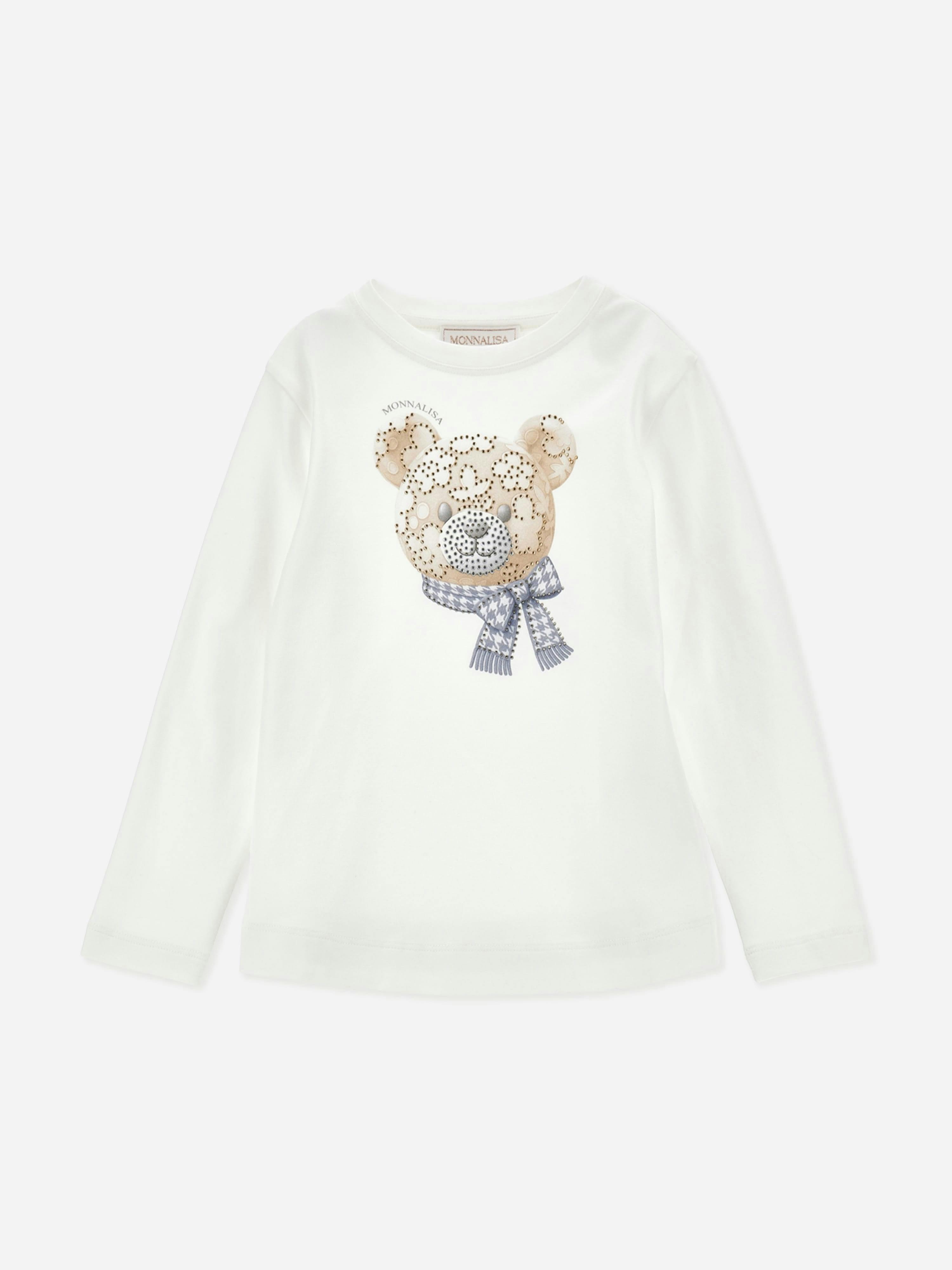 Monnalisa , Kids Short Sleeve T-Shirts, Unisex, White, 6 Y | 116 Cm, Girls Flower Bear Long Sleeve T-Shirt In Ivory - Image 4