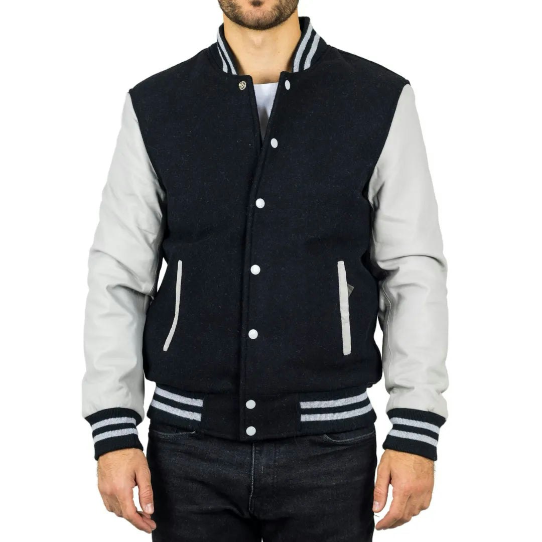 Infinity Leather Men's Black/White Varsity Bomber Jacket - 5XL