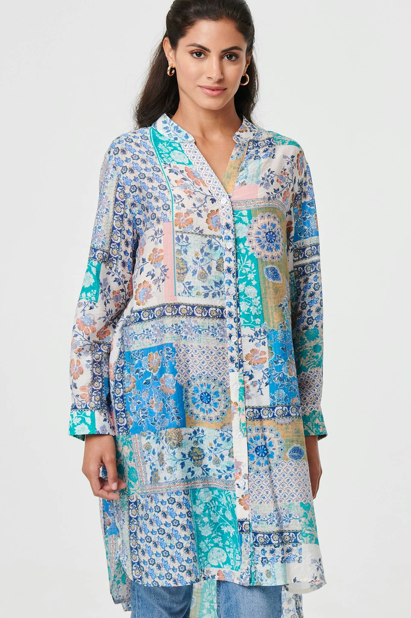 Izabel London Blue Patchwork Print Longline Tunic Shirt - 18