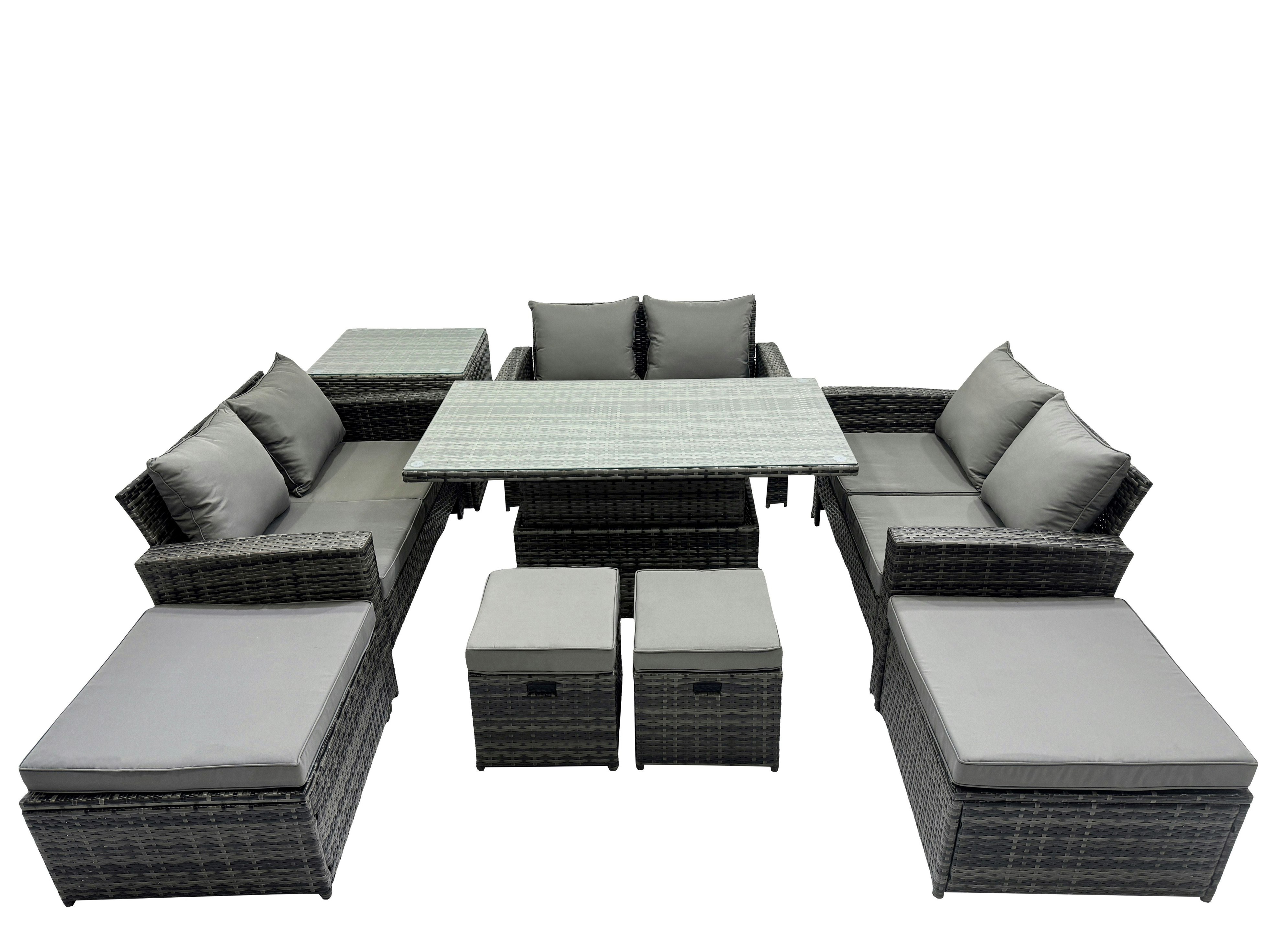 Rackhams Dark/Grey Outdoor Love Sofa Set 10 Seat Rattan Garden Furniture Set With Adjustable Lifting Dining Or Coffee Table Side Table Mixed