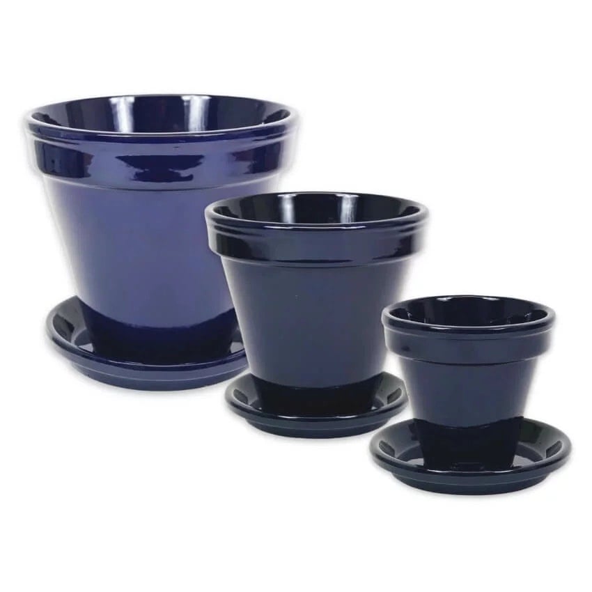 Verano Spanish Ceramics Blue Classic Plant Pots - Set Of 3 - 3 X Classic Pots With Drainage Plates - Terracotta