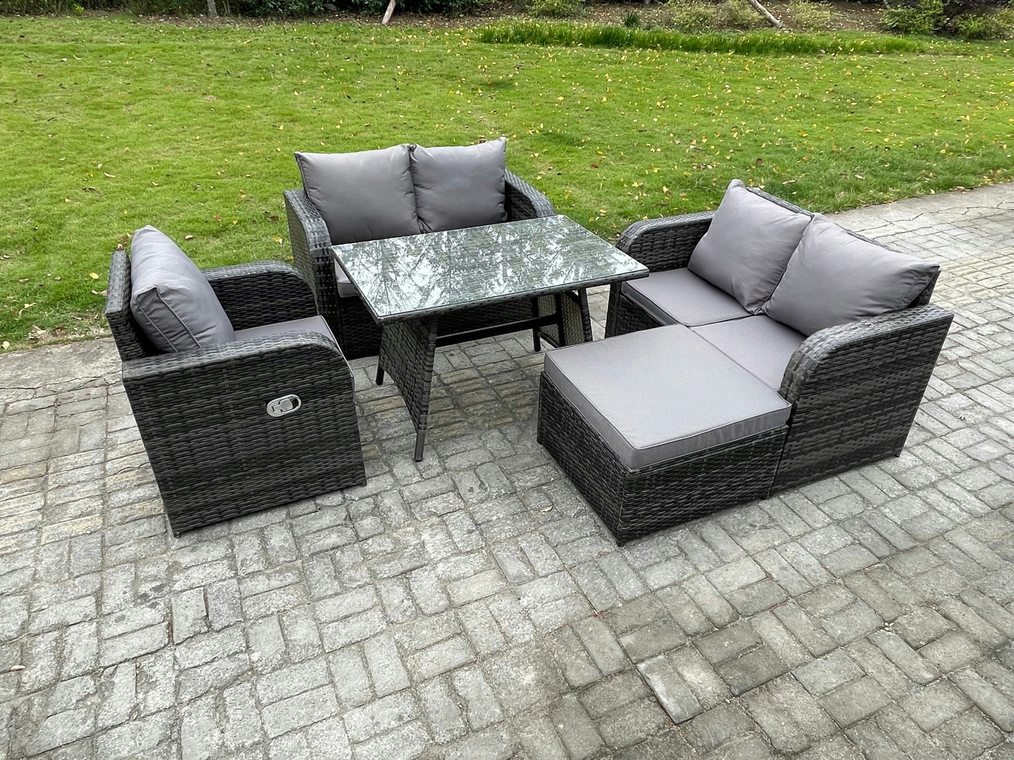 Rackhams Dark/Grey Outdoor Garden Dining Sets Rattan Furniture With Dining Table Armchairs Love Sofa Big Footstool Mixed