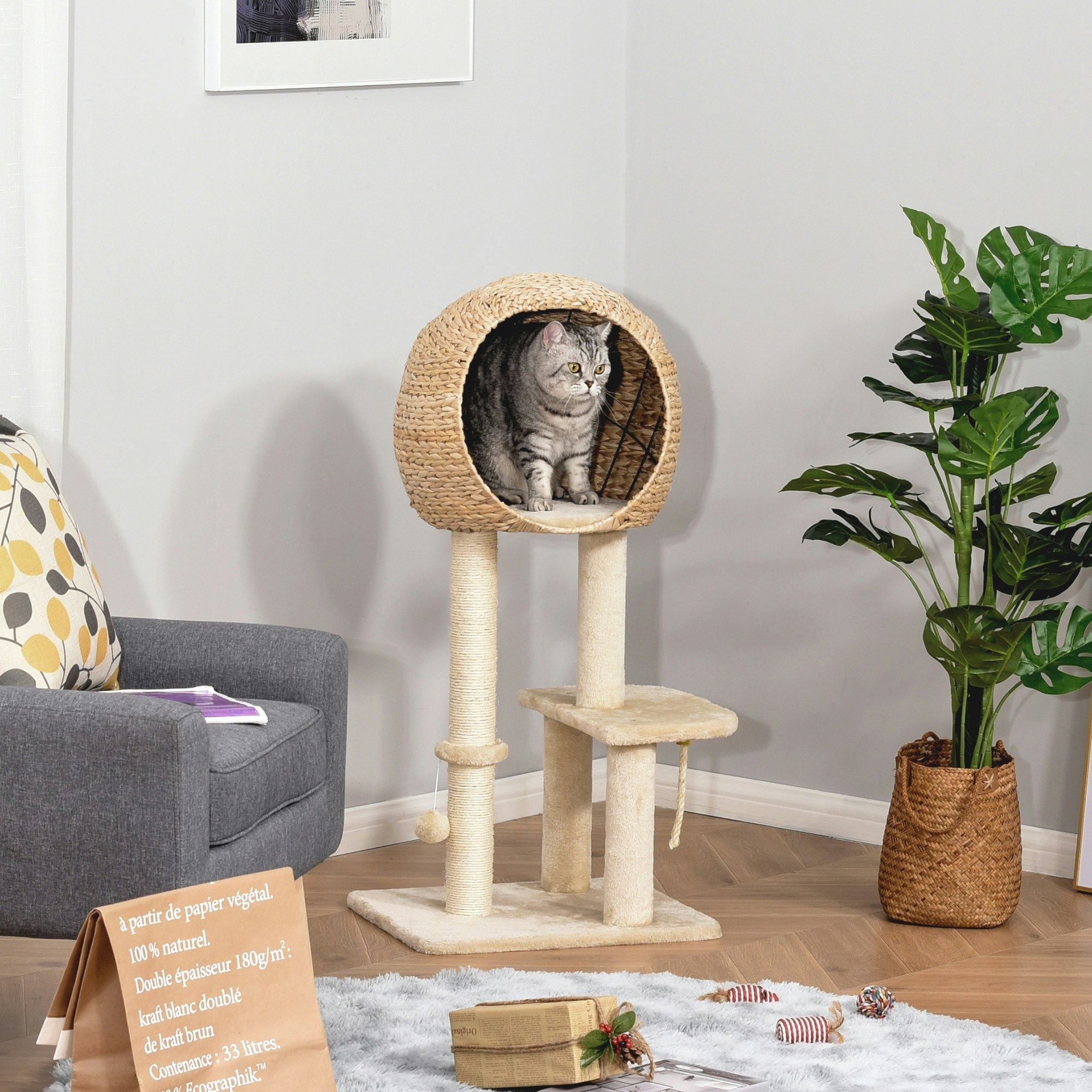 Pawhut Beige 100Cm Cat Tree Tower Kitten Climbing Tower W/ Scratching Post Condo - Mdf, Plush, Sisal, Cattail Fluff - 1