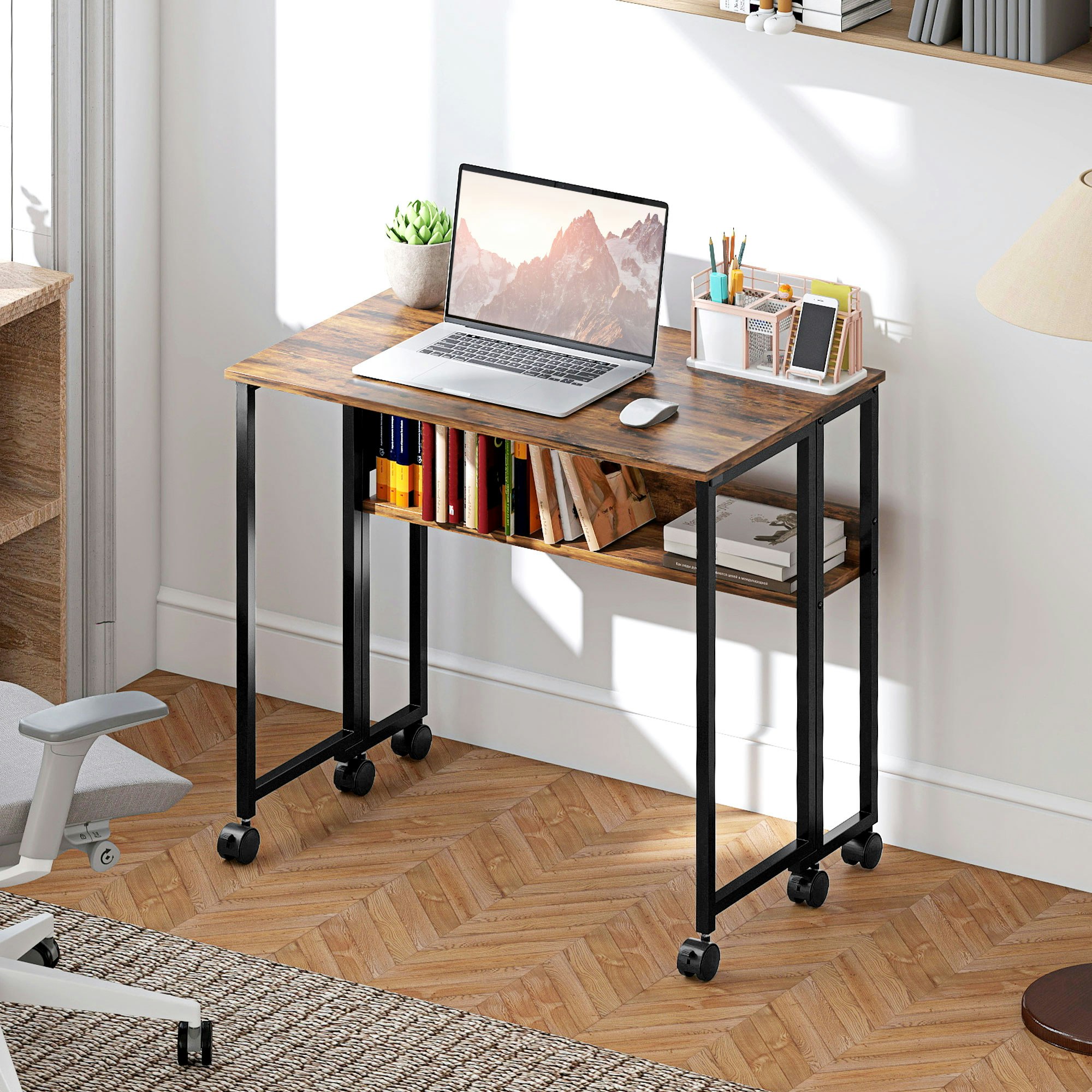 Rackhams Brown 63 Cm Foldable Computer Desk On Wheels For Small Spaces Natural - Rustic - 80W X 50D X 75H Cm