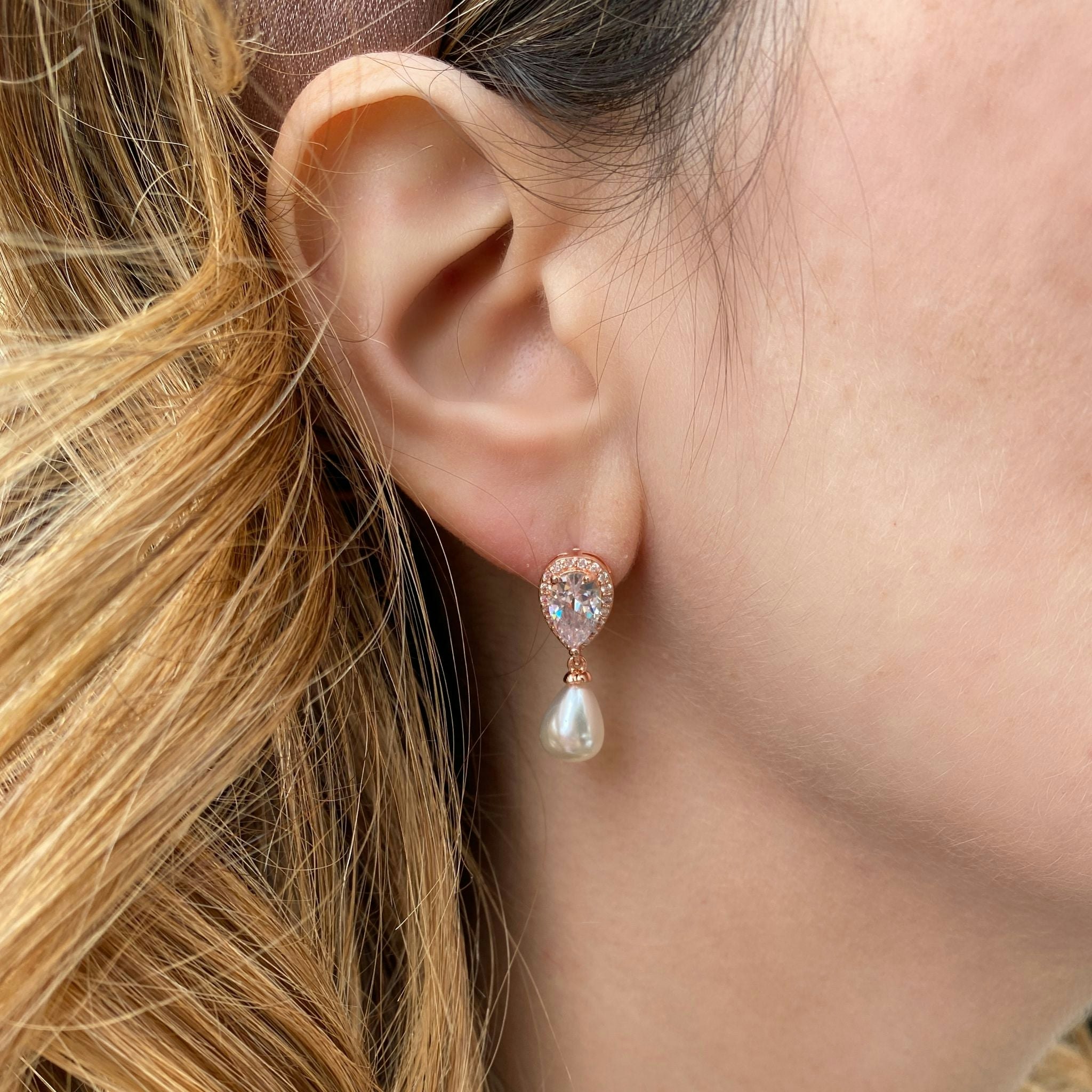 Queenmee Accessories Gold Pearl Drop Earrings Small Crystal Earrings - Rose