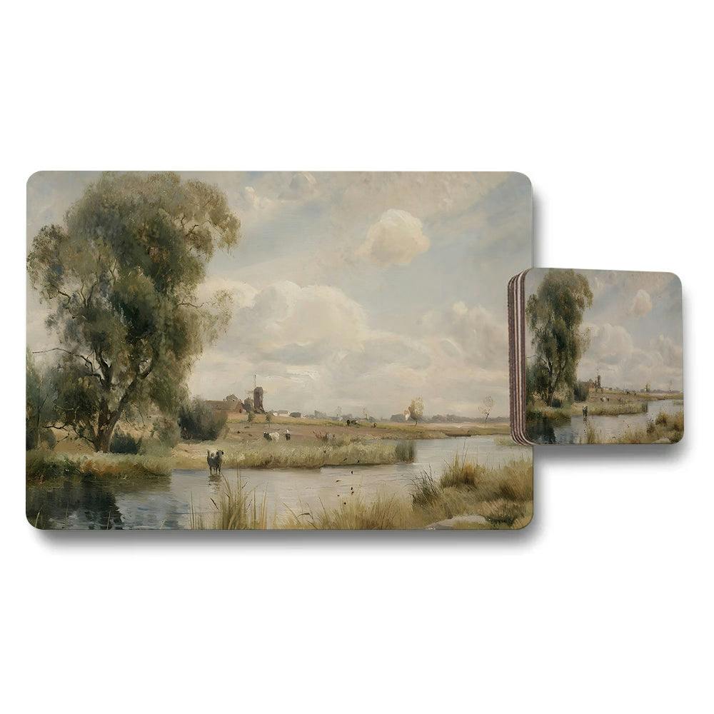 Benjamin Tate Design Rustic River Landscape Placemat And Coaster Set With Artwork