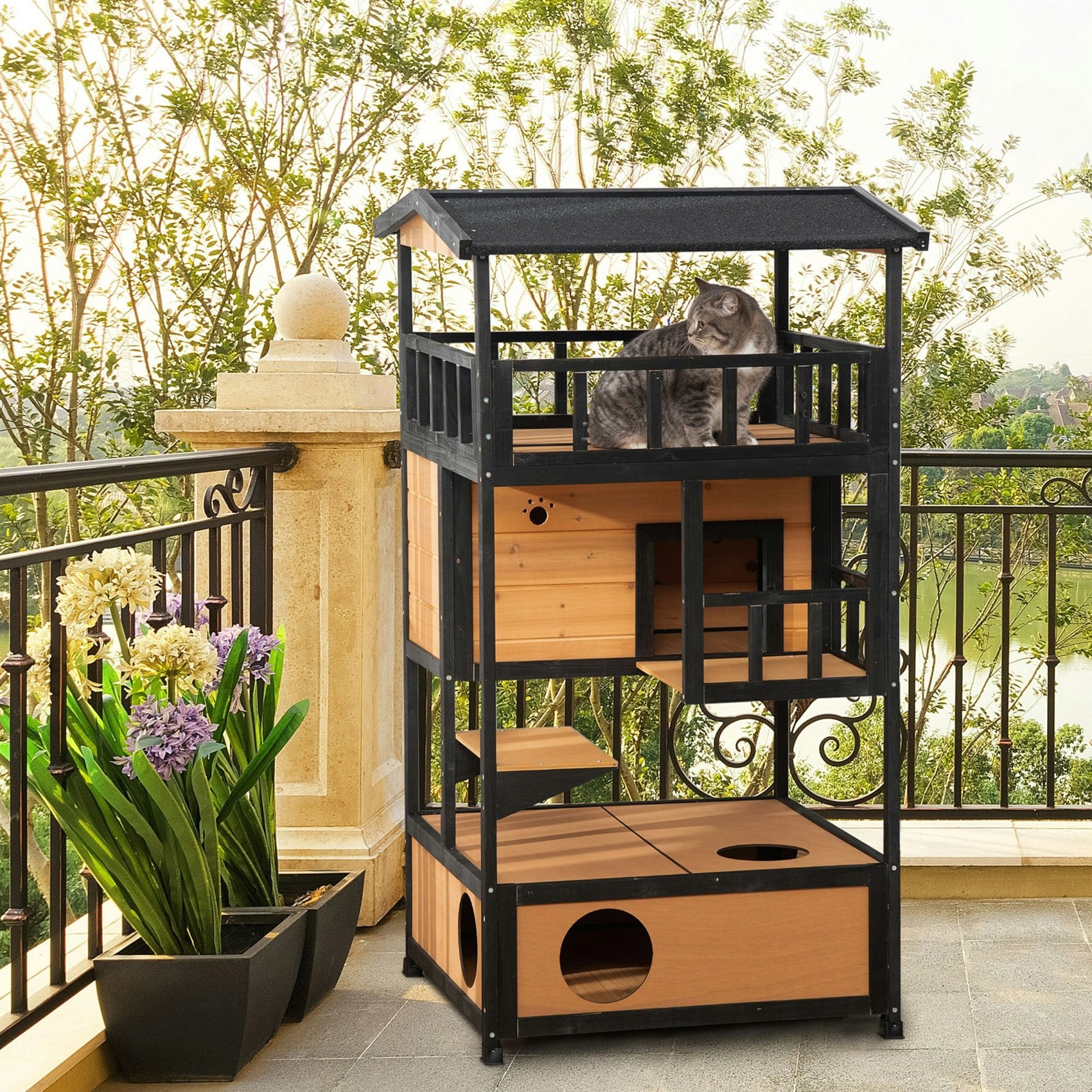 Pawhut Yellow Wooden Outdoor Cat House 3-Tier Kitten Shelter W/ Tilted Roof