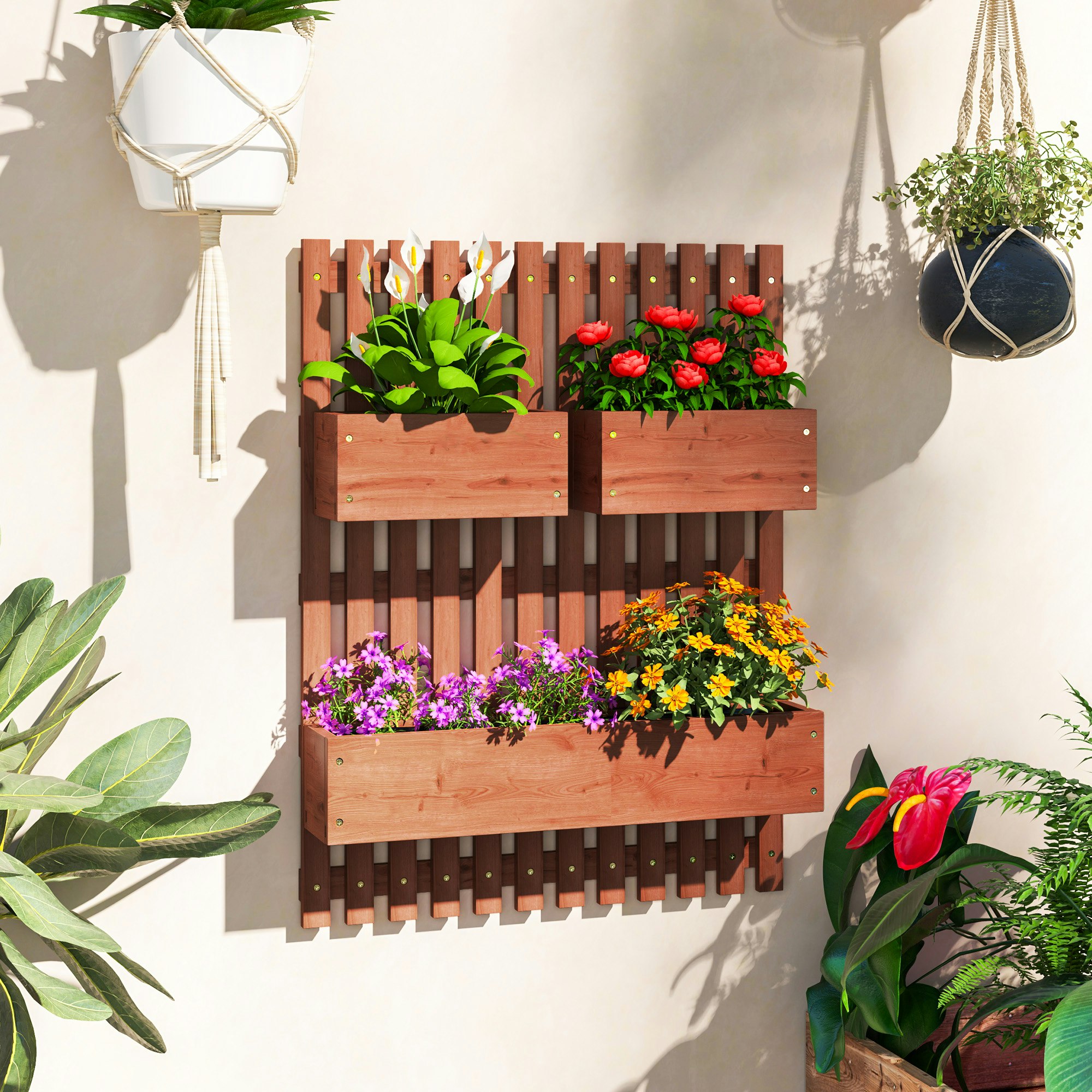 Outsunny Brown Wooden Garden Planters With Trellis Wall-Mounted Raised Garden Bed - Fir Wood - 60Cm X 16Cm X 80Cm